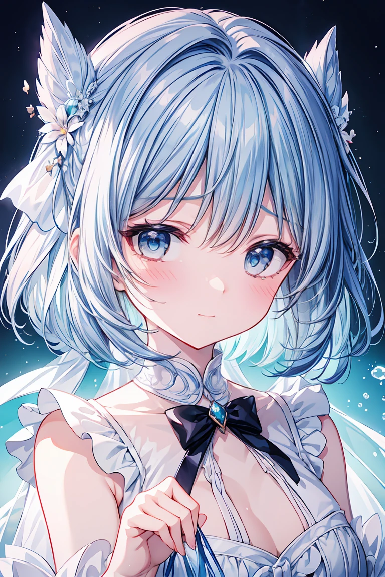 Masterpiece, best quality, extremely detailed, (illustration, official art: 1.1), 1 girl, ((light blue hair))), light blue hair, , ((blush)), cute face, big eyes, masterpiece, best quality, ((a very delicate and beautiful girl)))), amazing, beautiful detailed eyes, blunt bangs (((little delicate girl)))), tareme (true beautiful: 1.2), sense of depth, dynamic angle,anime style girl,beautiful face::1.1,mournful,crying,tearful,(blouse),transparent,transparent,transparent,transparent,transparent,transparent,hyper detailed,8K,silver and light pink, high quality, high definition,Glow-effect–v4,clear shadows,,,,Masterpiece,Best quality,Extremely detailed,(Anatomically correct),(parfect face), bob cut, smile,