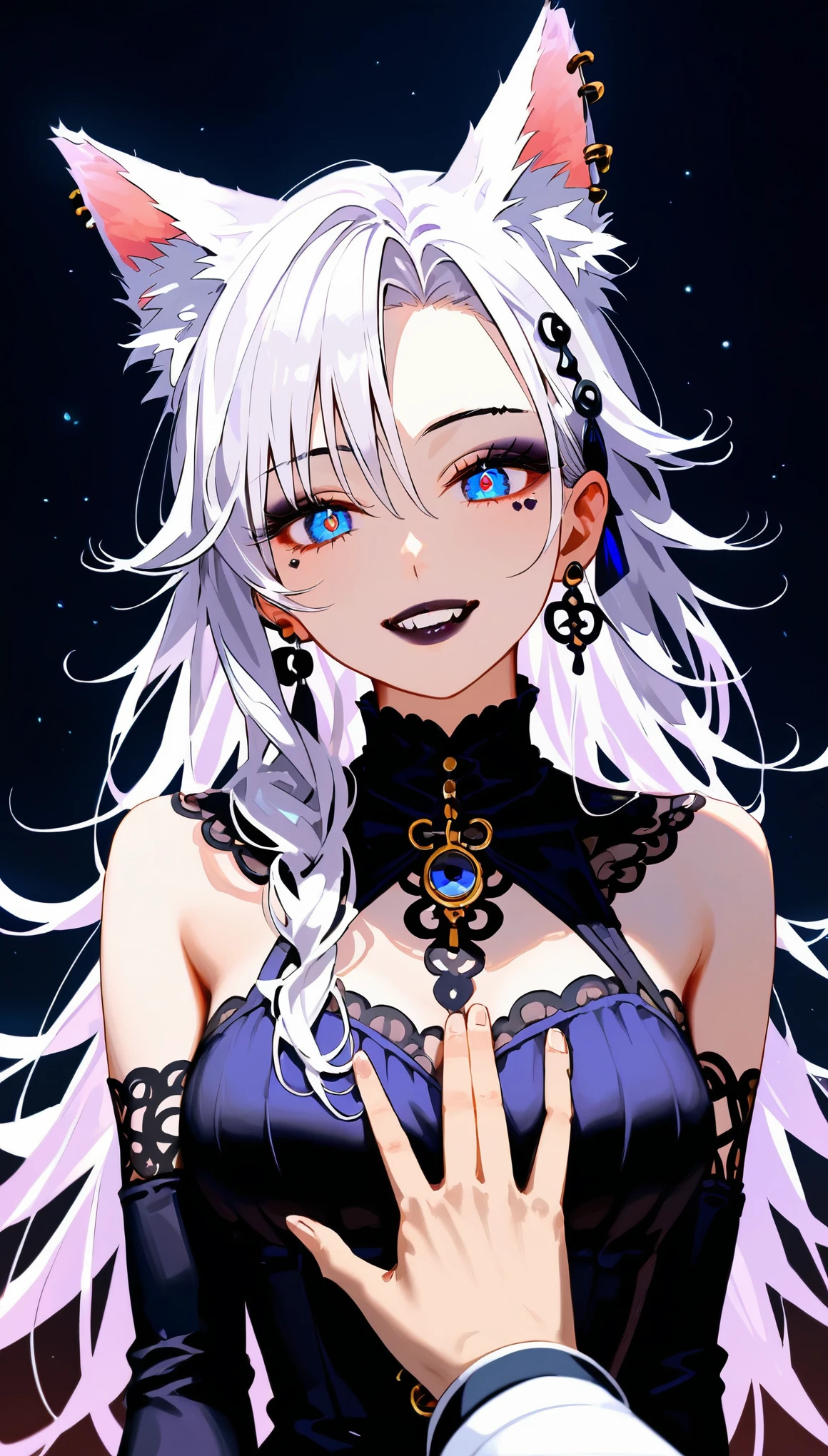 epic-Ultra-HD-details, epic-Ultra-HD-highlights, anime-upscaled-resolution,(realistic, photo-realistic:1.37), precise and realistic hair:1.1), beautiful detailed eyes, extremely detailed eyes and face, awardwinning, amazing details, super detail, best quality, 1080P, 8k, masterpiece（fullbody shot：3.0）, ,score_9, score_8_up, score_7_up, masterpiece, best quality, highly detailed, shading, Goth woman, perfect face, beautiful eyes, perfect eyes, thick eye lashes, beautiful face, dark makeup, dark lipstick,  wearing, happy, pale skin, smiling, perfect white teeth, long curly white hair, side braid, wolf ears, medium breasts, ear piercings, curvy, wide hips, beautiful turtleneck dress, covered, thigh high lace stockings, long skirt, black boots, tattoos, hair accessories, deep black background, thick white outline surrounding just the character, POV from the ground up, character looking down at the viewer, touching her own lips with her right hand