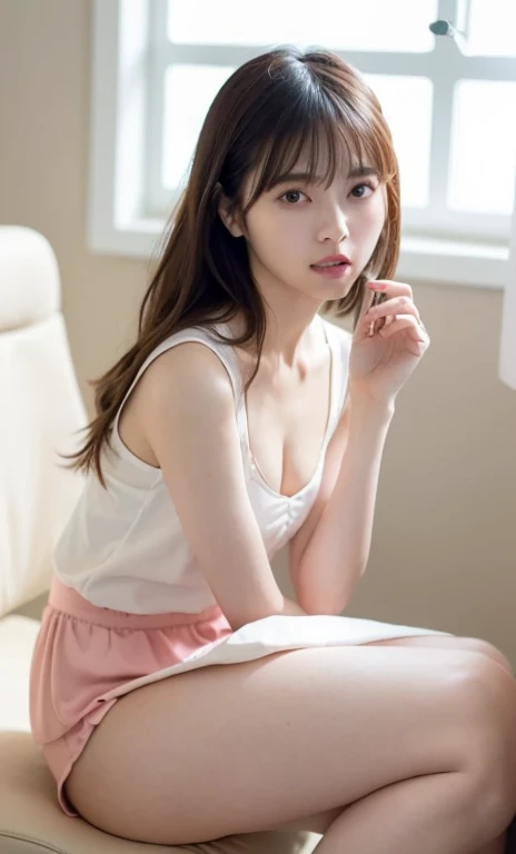 4086kbit,Attention to detail,The Truth About Skin and Skin Texture,
(Trendy fashion for work, Crew neck short sleeve T-shirt, Long skirt, Beautiful bare legs:1.6)
(naked, The shape of the nipples is visible,Beautiful thighs,Ultra-detailed skin,Small pores in the skin:1.4),
((Her body is incredibly beautiful and stylish, She has an angry look:1.4)),
((Sitting on a transparent chair in the bathroom, Nipples are visible through the gaps in the clothes, Panties are visible between her legs:1.6)),
((Age 25, Ayano Sumita's beautiful breasts, Naughty lips, Sexy body, Body facing sideways:1.4)),
((Small breasts, Flat Chest, chest is slightly drooping, Pink nipples:1.2)),
((Glass-walled bathroom, Chic Wallpaper, Spotlight:1.2)),
Eye focus, Narrow shoulders, Beautiful clavicle, Thin arms, Thin legs, The back of the hand is beautiful and feminine, Slim figure, Soft belly, Tight waist, Highly detailed face, super detailed breasts, Ultra-detailed skin, Fair skin, Shiny skin, Ultra-detailed lips, Fuller lips, Thick and soft lips, Glossy pink lips, Blushing, White teeth, blue eyes, Beautiful actress makeup, Intense and cute makeup, Pink lipstick, Dark brown hair, Delicate and soft hair, (Put your hair up, Fluffy short bob:1.2), (Sweep your bangs to the side:1.2), (Stylish earrings,necklace:1.2),