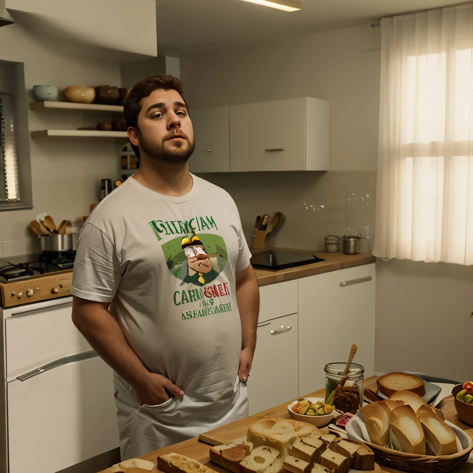 there is a man standing in a kitchen with bread and bread, barriga gorda, pai, Peter Griffin na vida real, vida real peter griffin, Eric Cartman na vida real, Barriga grande, an obeso, obeso, gula, Peter Griffin como uma pessoa real, morbidly obeso, an sobrepeso, extremamente gordo, sobrepeso, obeso ), filme realista ainda, triste