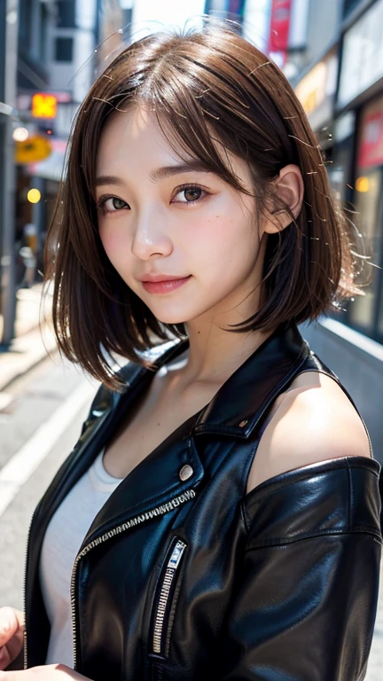 (((Shoulder length straight brown hair mini bob)))、(((目が細くlight eye makeup)))、(((standing alone on the rider&#39;Black leather jacket with the backdrop of a nighttime Kabukicho alley.)))、(((Please come wearing clothes that cover your arms..)))、Half Japanese and Korean、18 year old girl、independent、facing forward、light eye makeup、brown hair color、flat 、hair blowing in the wind、quality of actress、shiny, super realistic face、smileの表情、Moist eyes、look up、Calming lighting effects、 ultra-realistic capture、very detailed、High resolution 16K close-up of human skin。Skin texture must be natural、Must be so detailed that pores are visible、skin is healthy、Must be even tone、Use natural light and color、High quality photos taken by a modeling agency&#39;Exclusive photographer、smile、(((SIGMA 300 mm F/2.8,1/1000 sec shutter,ISO 400)))
