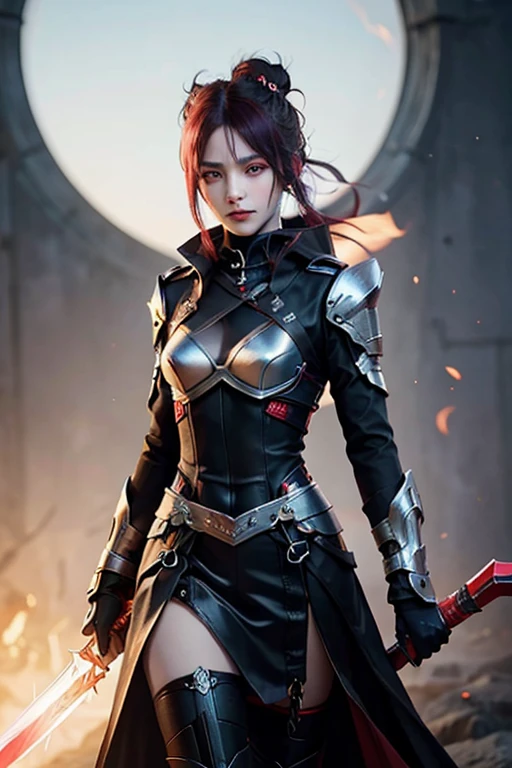 evil temperament, 18-year-old female shadow assassin, glowing black aura, red and silver hair, sharingan eyes, white color devil horns,,black dengerus hell queen suit,the night war rages behind him, Highest image quality 8K,details everything 8K, god killer personality, with Excalibur lighting sword, background place in hell, with dragon wings, like a hell queen.