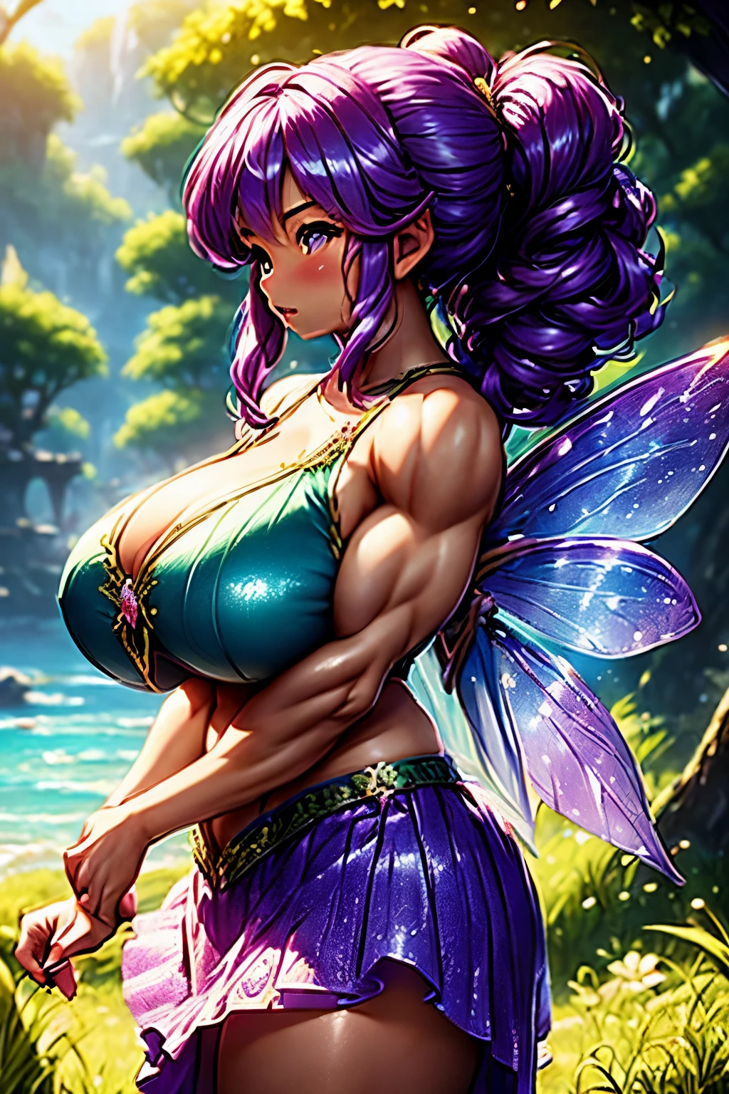 masterpiece, best quality, ultra-detailed, 1 girl, fairy girl, ((female fairy)), ((fairy)), 1 girl, ((tan skin)), blue eyes, long hair, purple hair, shortstack, very short, tiny, massively busty, Super huge , super muscular, extremely huge muscles, ((super sexy)), 8 pack abs, very strong, (extremely gorgeous), (((bikini))), skirt, extremely thick, huge muscular thighs, ((extremely massive biceps)), far stronger then men, ((very beautiful)), Super cute, huge ass, smiling, showing deep cleavage, ((bikini), ((bodybuilder)), vascular muscles, muscular bodybuilder, fitness goddess, ((throbbing muscles)), veins, to much muscle, (((absolutely massive biceps))), ((most muscular arms)), super fit arms, ((super shredded biceps)), ((veiny biceps)), super defined thighs, massive bulging bicep, biggest biceps possible, strongest fairy ever, amazing cleavage, showing cleavage, midriff displayed, showing abs off, ((punk girl)), punk style, on beach, micro height, fairy wings, ((Massive breasts)), ((((breasts twice head sized)))), super beautiful, flexing thighs