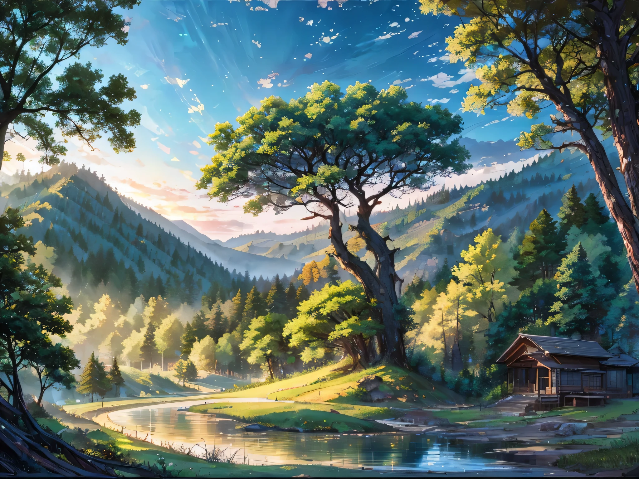 Beautiful forest clearing in summer. The weather is sunny. No one at the scene. high quality. style anime. masterpiece, soft light, Very detailed.