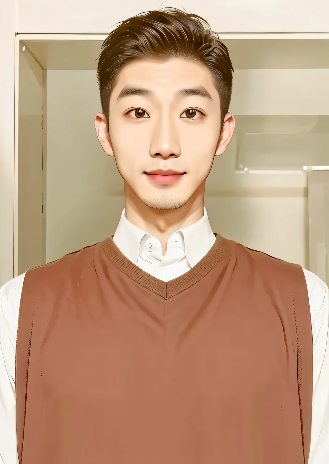(best quality, ultra-detailed, realistic:1.37), Asian male, smirking, light brown hair, wearing a brown sweater