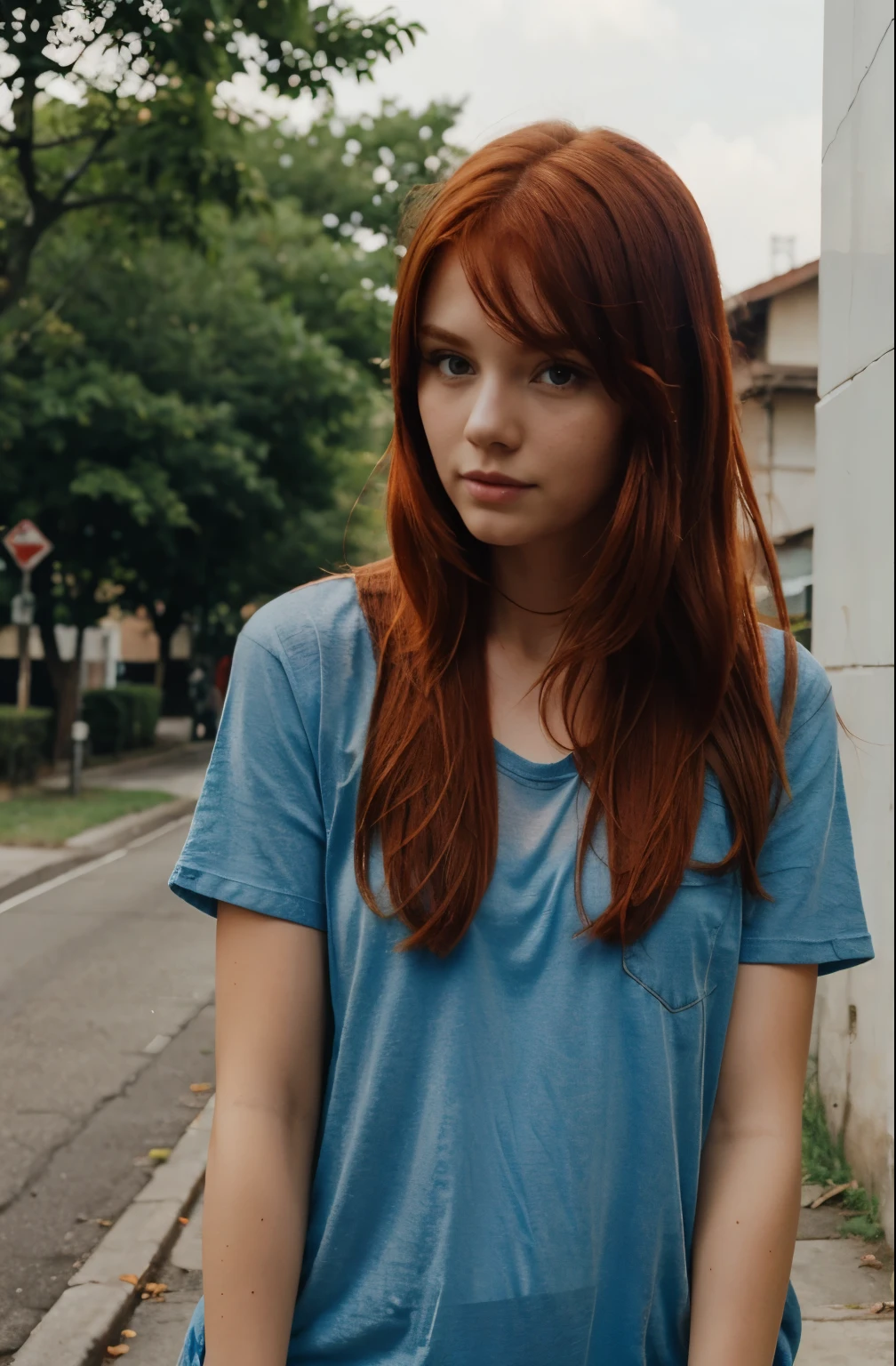 Red-haired girl, transparent t-shirt