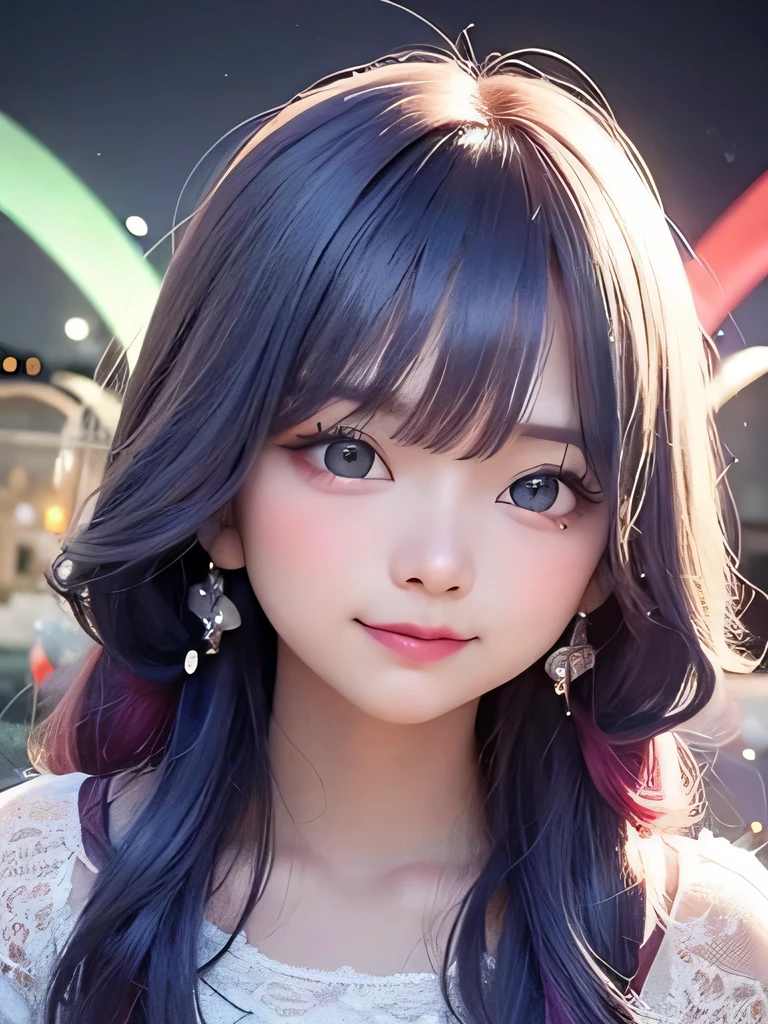 small face、 )Super detailed,bright colors, very beautiful detailed anime face and eyes, look straight, shiny_skin,girl, (((rainbow colored hair, colorful hair, Half blue、half red hair: 1.2))), 、shiny hair, delicate beautiful face, blush、Glasses、(turquoise eyes), , Valletta, earrings,、((flower garden、sunset、luxury hotel))、((silver、translucent、short sleeve、Floral、lace blouse))、(twin tails)、(drunk、smile、sleepy face、Smile)、cheerful pose、dynamic、Upper body、