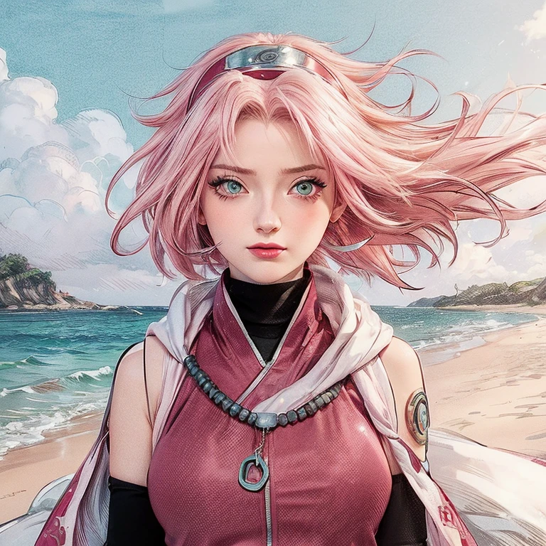young woman, porcelain skin, long bubblegum pink hair, big pink lips, big emerald green eyes, pink eyebrows, red clothes, Sakura Haruno, 3d, realism, black gloves