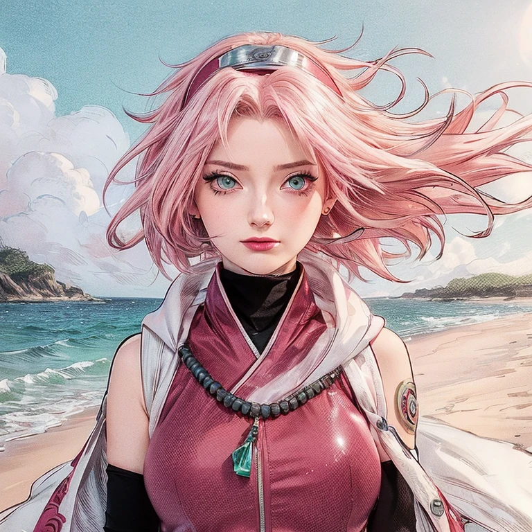 young woman, porcelain skin, long bubblegum pink hair, big pink lips, big emerald green eyes, pink eyebrows, red clothes, Sakura Haruno, 3d, realism, black gloves
