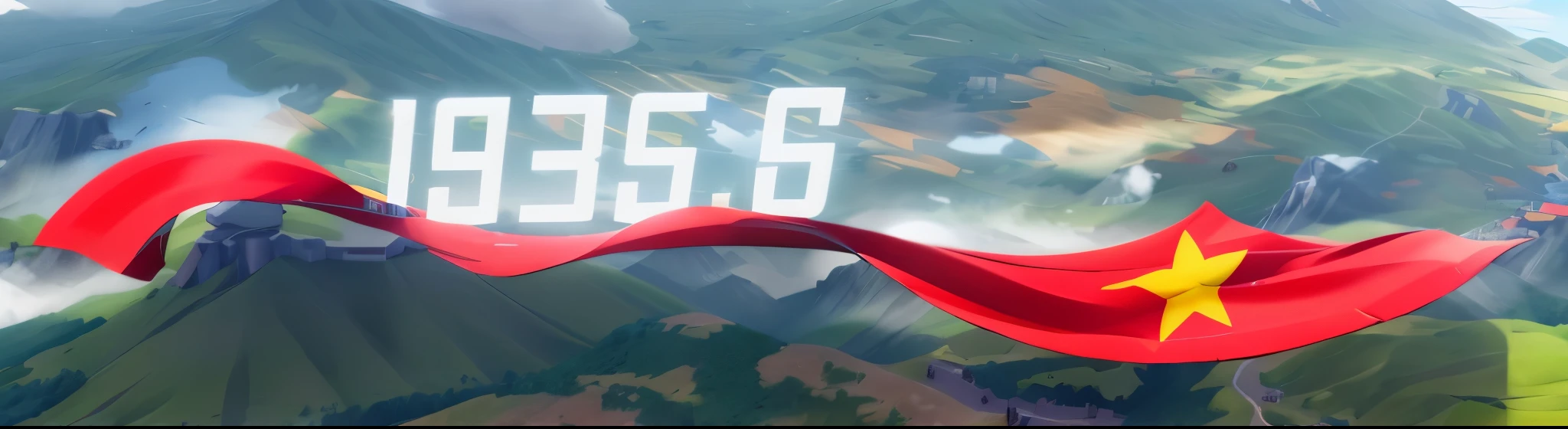 The national flag is flying in the air, with red and yellow stripes, "2056" written in three-dimensional characters underneath, and the white number "98" fluttering against the background of the green hills and the blue sky, which is an impressive sight between the lines. National Flag High Quality, 8K