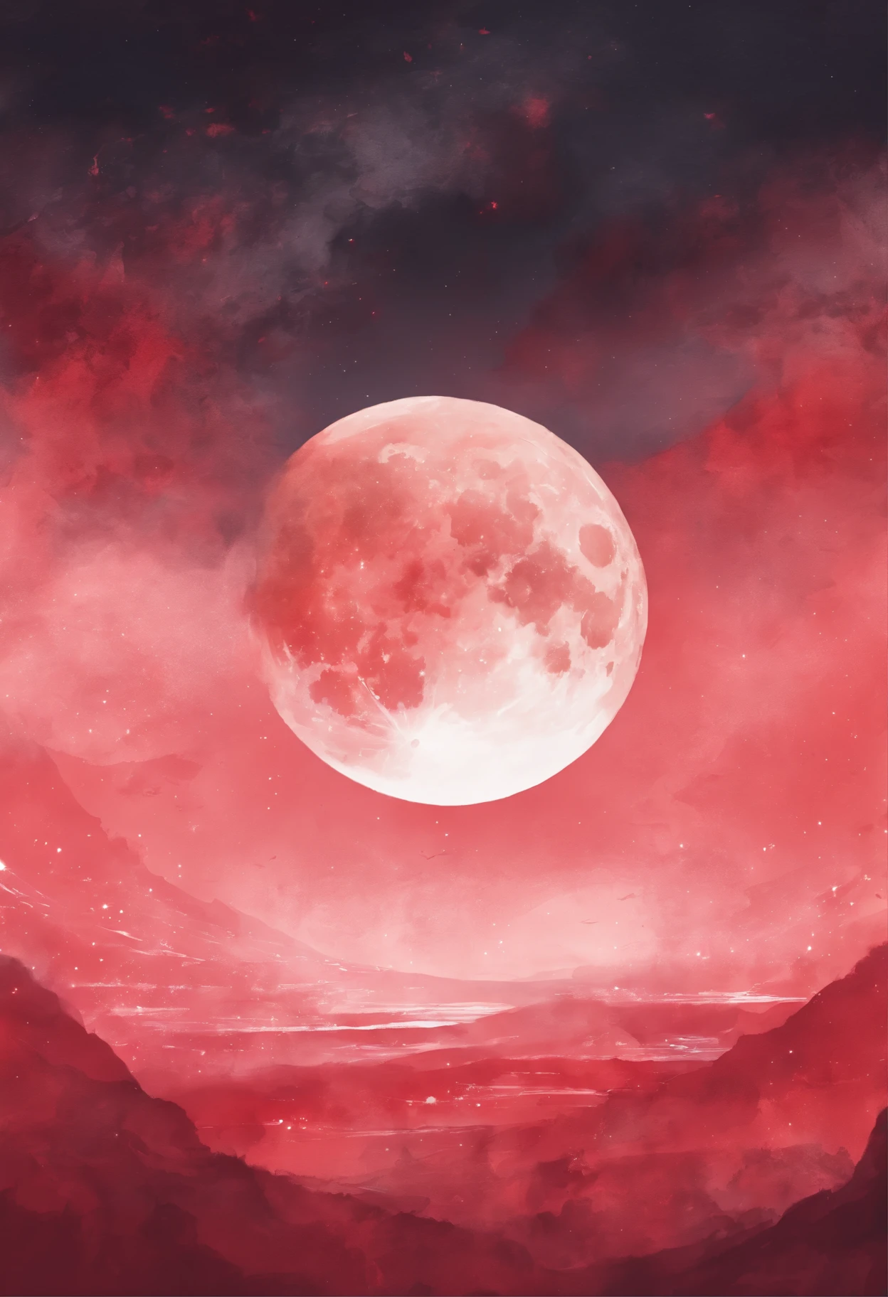 a watercolor full moon, light red color palette, close up look, centered big moon