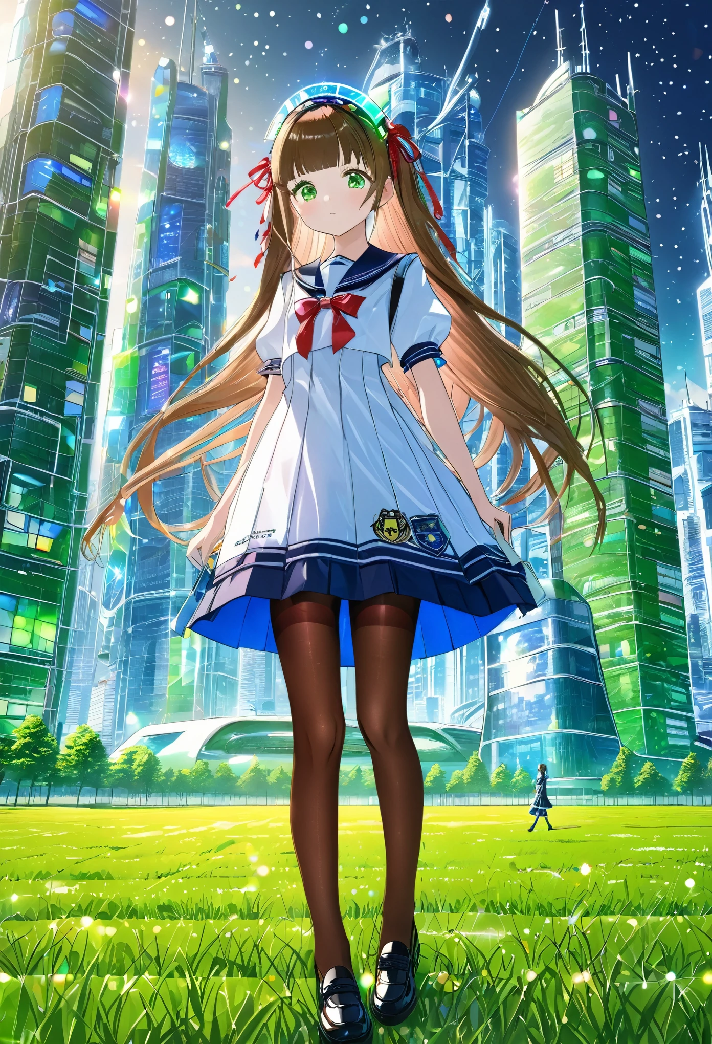 (best quality,4k,highres),ultra-detailed,realistic,portraits, Japaneese school girl, green eyes, long brown hair,anime style,futuristic, Frutiger Aero aesthetic, eco- modernism, bokeh, ribbon headband,small breast,futuristic sailor lolita dress,puffy sleeves,white and blue,colorful lighting, red ribbon, navy blue pantyhose, school shoes, school bag, school crest, standing in a green field with futuristic skyscrapers in the background, tertiary colors, highly detailed, 4K.