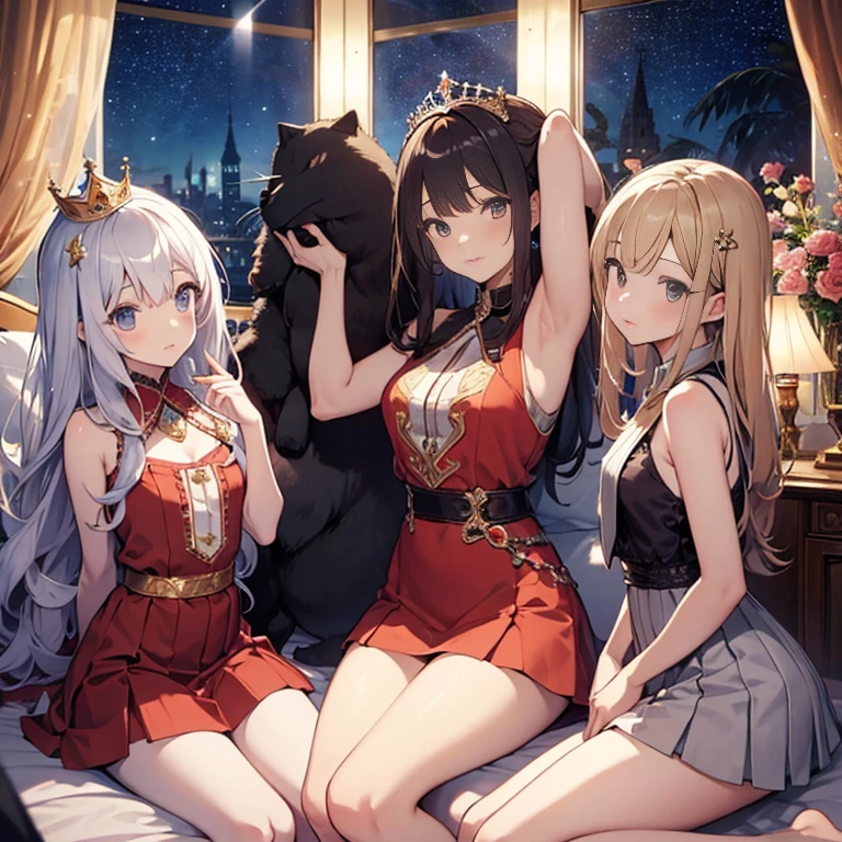 A group of young princesses, (in bedroom), various hair styles, harem, wearing royal dress, night, details face, , short skirt, seducing, sleeveless , showing armpits, night, starry night