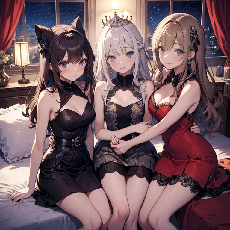 A group of young princesses, (in bedroom), various hair styles, harem, wearing royal dress, night, details face, , short skirt, seducing, sleeveless , showing armpits, night, starry night