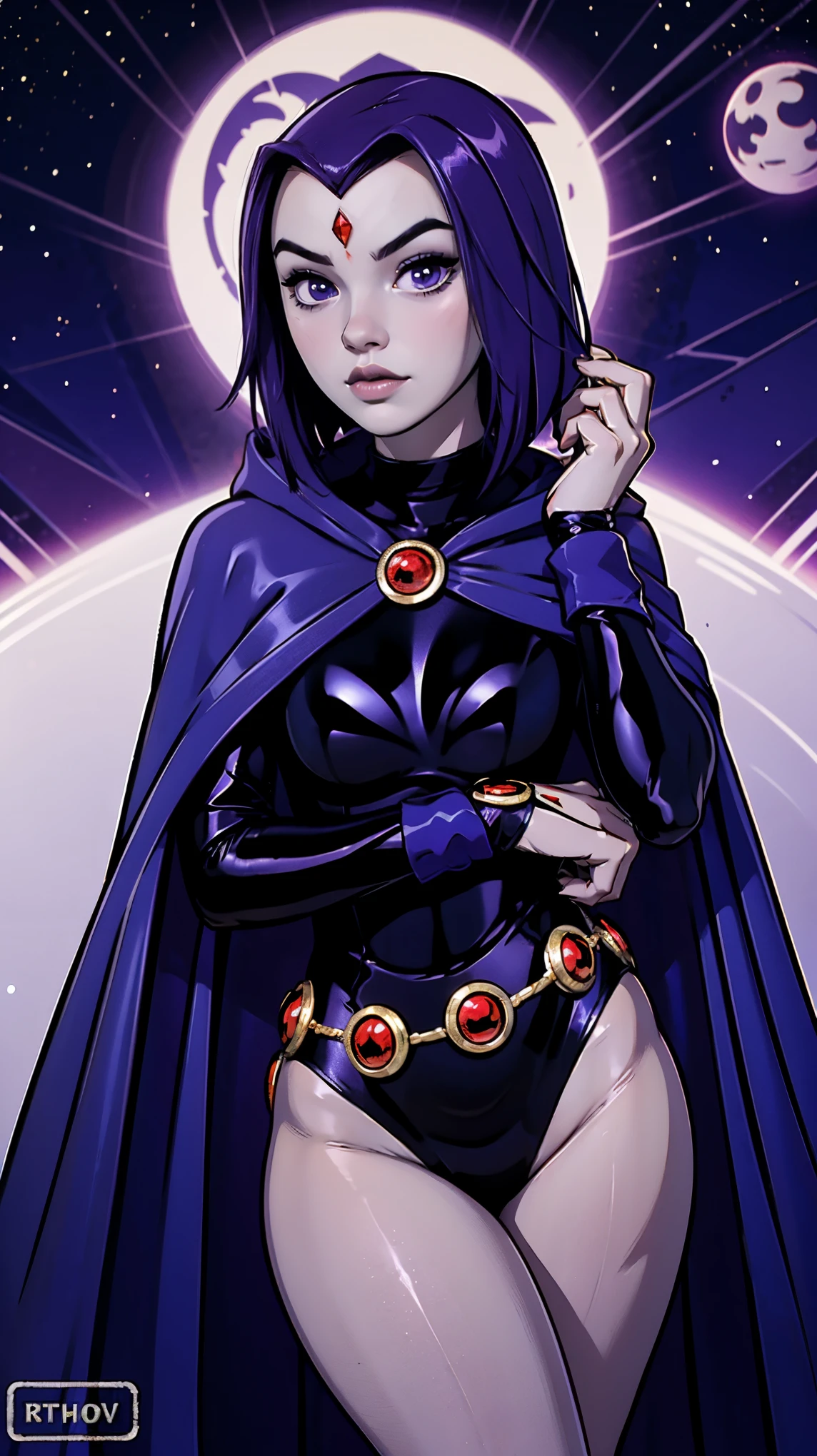 illustration of Raven from DC Comics, 1 girl, Raven, turtleneck, Black leotard, Black cape, hood, purple hair, forehead jeEmel, purple eyes, short hair, Belt, tight skin, standing, cleavage, toned, pose, night , moonlight, ((posing)), movement lines, torso, upper body, portrait, B&Em. contour, in anime tarot card art style, elegant, glamorous, reflection, shine, shading, pantyhose 40 dinier, small