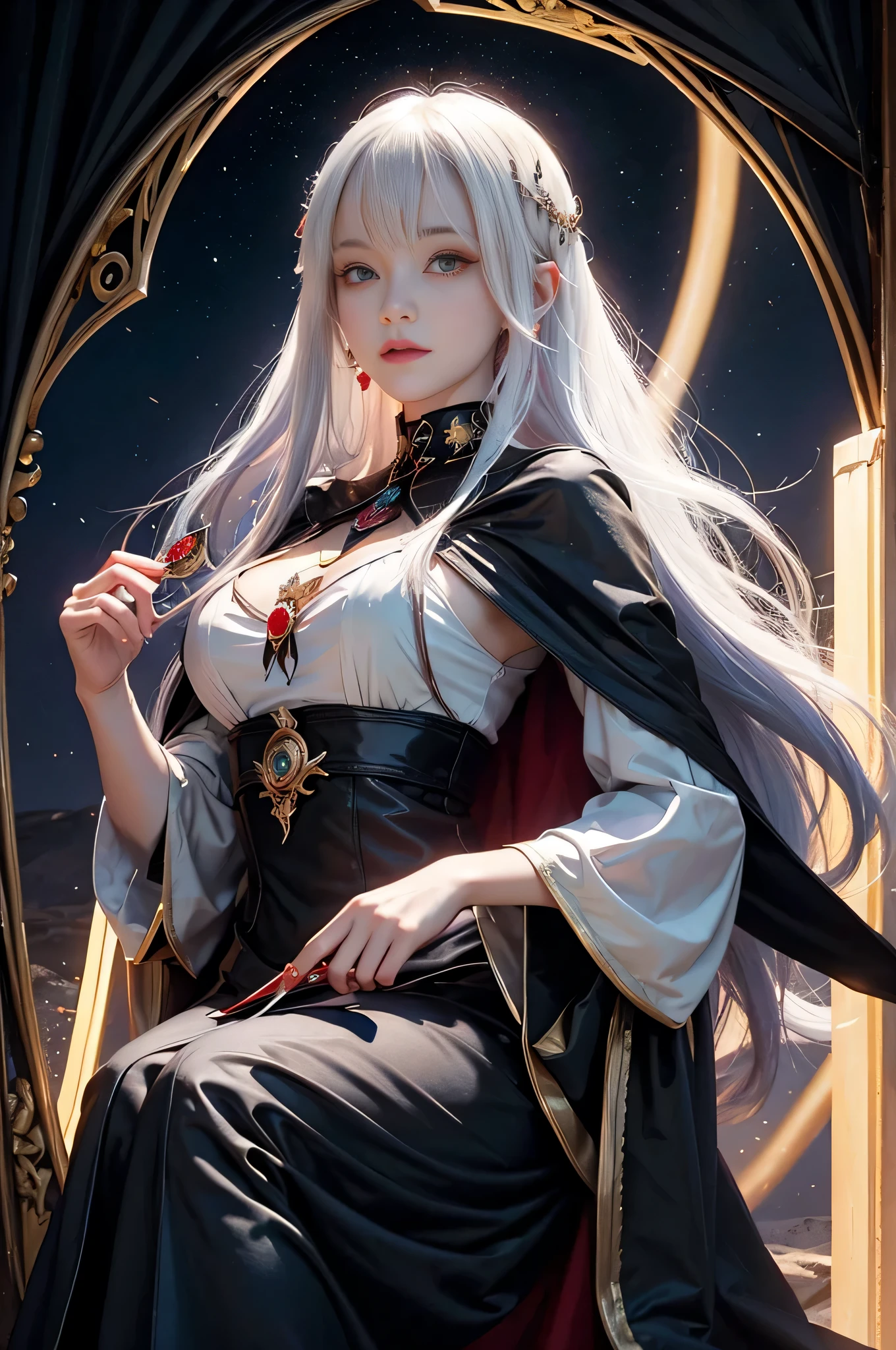 a woman sitting on a table with candles in the background, edelgard fire emblem, edelgard from fire emblem, castlevania witch, in a cloak with long hairs, wearing a black noble suit, realistic
