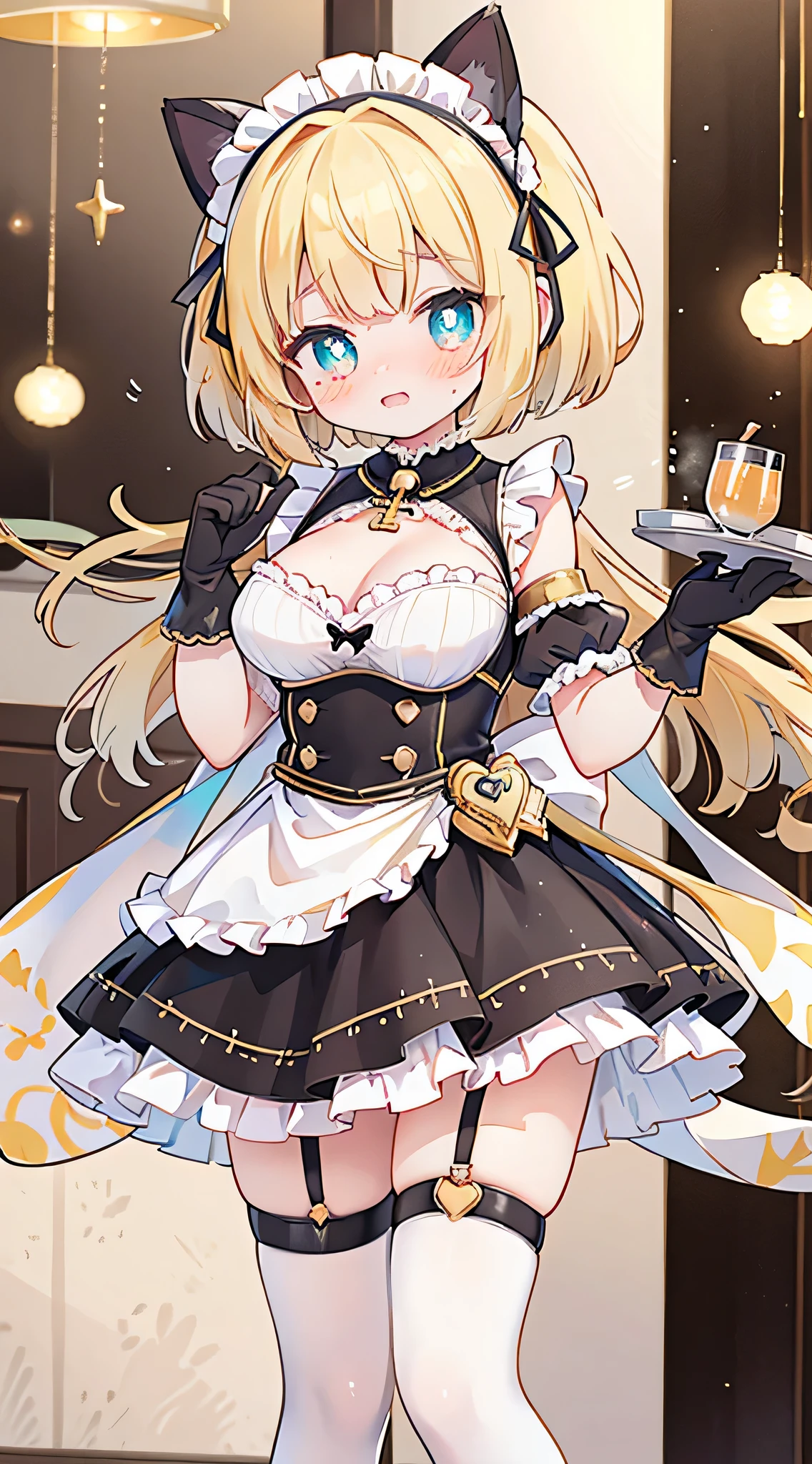masterpiece,best quality,official art,extremely detailed CG unity 8k wallpaper, day, bishoujo, blonde hair, antenna hair, hime_cut, short hair, ta hairband, aqua eyes, beautiful detailed eyes, heart in eye, heart-shaped pupils, embarrassed , shy, nose blush , blush, naughty_face, endured_face, crying with eyes open, yellow eyes, huge breasts, between breasts, breasts apart, hanging breasts, bouncing breasts, breasts out, Maid attire,Slimming clothes,bare_shoulders, white thighhighs, frilled socks, leg belt, uwabaki, maid_headdress, armband, armlet, arm strap, elbow gloves , half gloves , wristband, wrist_cuffs, cat_pose, adjusting_thighhigh, humiliation, x-ray/cross-section/internal_cumshot, peeing, bra_lift, public, Z-Shape Hood