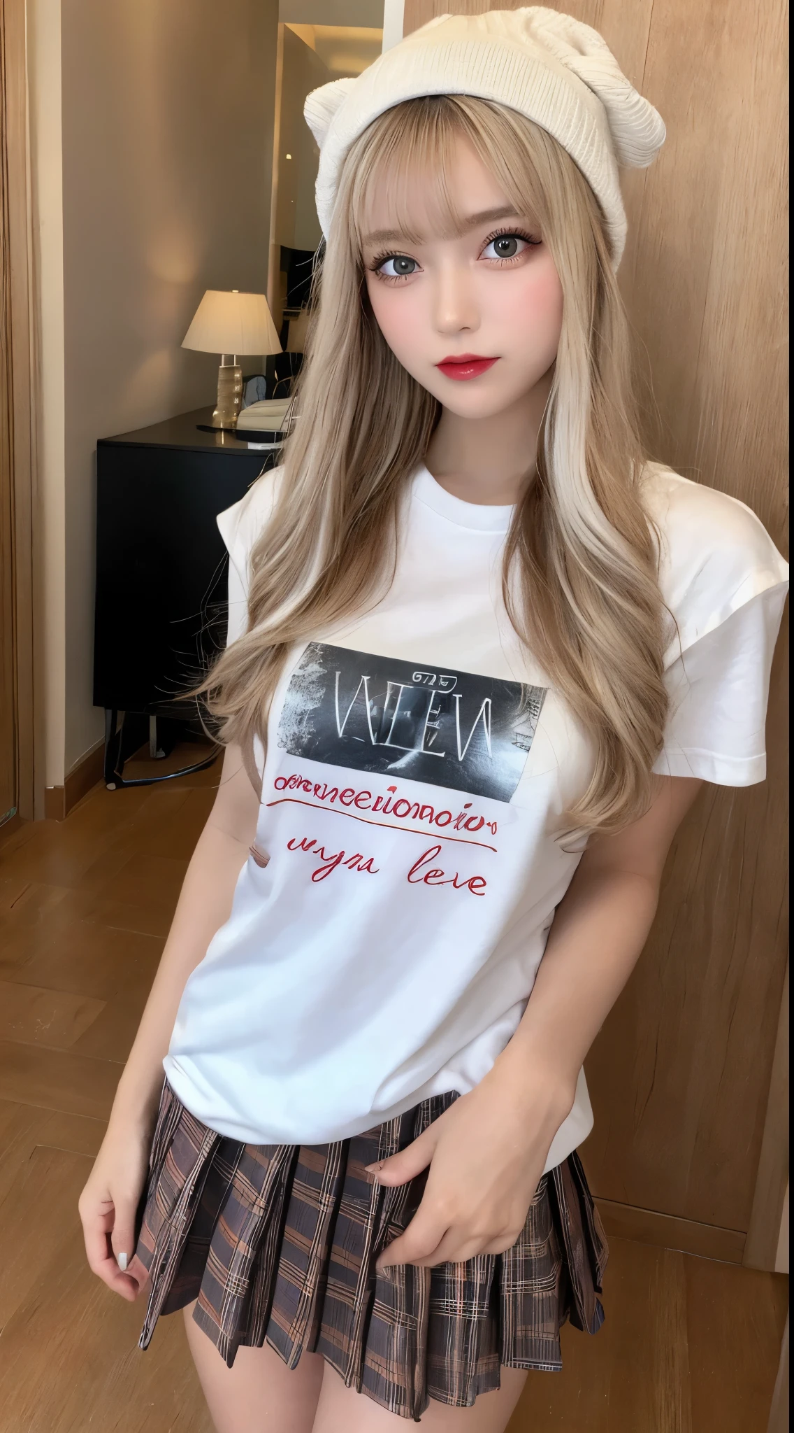 high quality、blond、plaid skirt、T-shirt blanc en Y、fille、mini jupe、couleur de cheveux brillante、tanned hair、sexy 、blond、High 、Jambes fines、de beaux cils、high resolutionの顔、Dézoomer、20 ans、Angle de vue jusqu'aux genoux、best quality, Illustration, super detailed, Fine details, high resolution, Fond d'Dendé 8K screen, Beautiful detailed eyes, coiffures mignonnes au hasard, Seins bonnet C, Natural colored lips