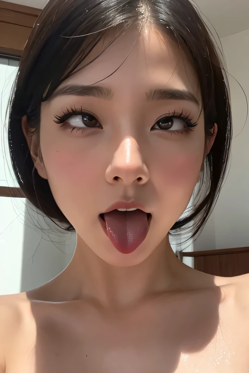 beautiful japanese actress,(photo realistic:1.4), (hyper realistic:1.4), (realistic:1.3),very detailed,Eyelashes High resolution eye depiction, Focus your eyes clearly, nose and mouth,face focus, woman with open mouth and closed eyes, Completely naked、35 years old,black haired、symmetrical face,realistic nostrils、angle from below、elongated C-shaped nostrils,,,white background、((sweaty skin))、Lighting that emphasizes the skin shining with sweat、((hook nose))Skin shiny with sweat、((shiny skin))、((wet and shiny tongue))、glamorous body,beautiful breasts,((Life,floor))beautiful breasts,((Dance in ,sexy dress)),