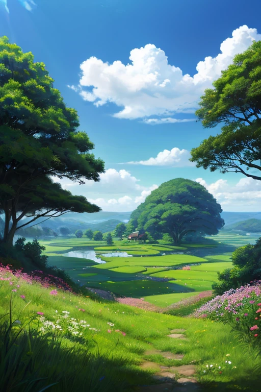 Realistic, authentic, beautiful and amazing landscape oil painting Studio Ghibli Hayao Miyazaki's petal grassland with blue sky and white clouds