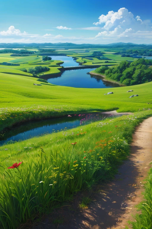 Realistic, authentic, beautiful and amazing landscape oil painting Studio Ghibli Hayao Miyazaki's petal grassland with blue sky and white clouds