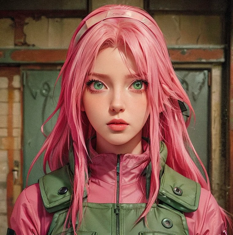 young woman, porcelain skin, long bubblegum pink hair, big pink lips, big emerald green eyes, pink eyebrows, red clothes, Sakura Haruno, 3d, realism, black gloves
