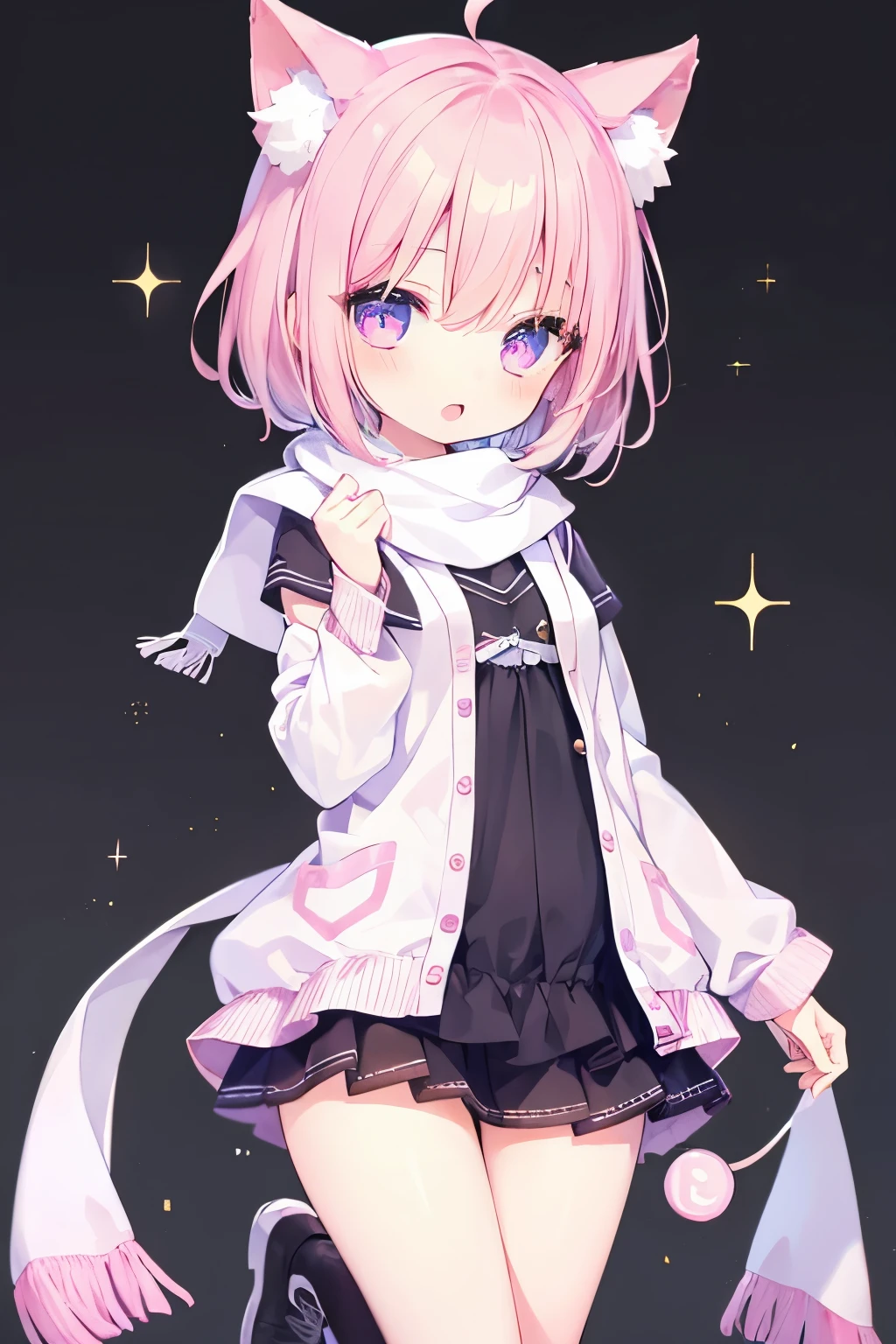 Very beautiful and shining eyes、shining eyes、((1 girl))、small breasts、big mouth、high school girl、small breasts、Cat ear、Transparent pink short hair、scarf、hot pants、transparent clothes、childish clothes、7--old l