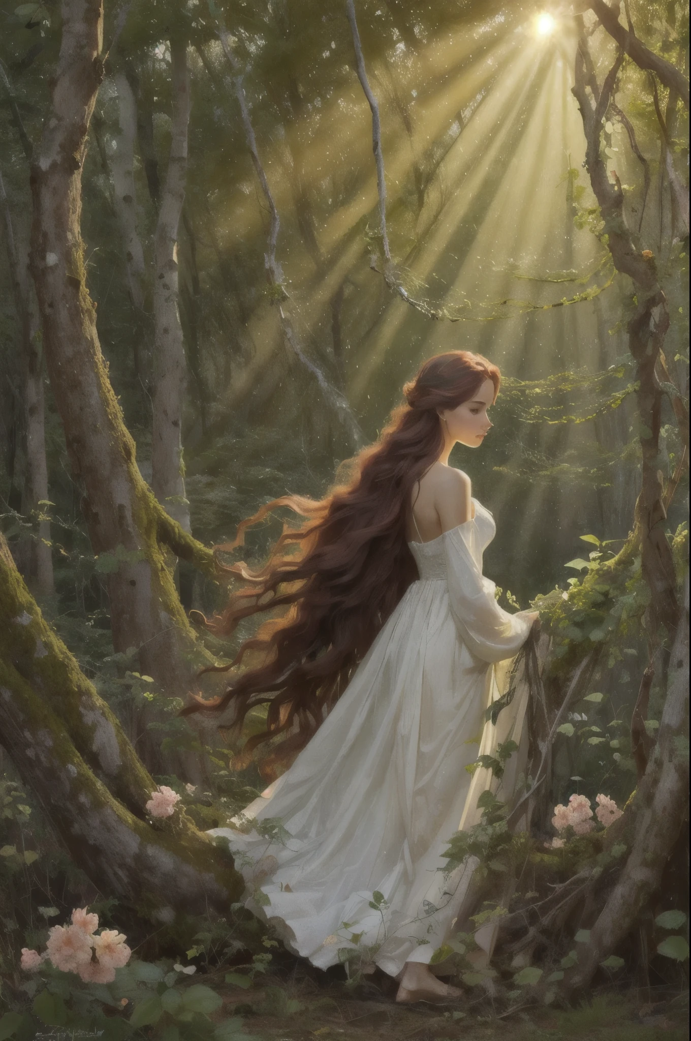 oil,Impressionism,Medium size full view, In the ancient forest, the image captures the ethereal beauty of a young dryad. her long, Her braided red hair cascades down like flames, intertwine (The vines and flowers that make up her gorgeous dress:1.2), The air is filled with colorful petals, Spotted sunlight paints an enchanting tapestry on the forest floor, dense foliage, Gnarled roots and branches, Sun rays, ethereal, Mysterious, Wonderful, chiaroscuro, masterpiece, highest quality,Bitchu