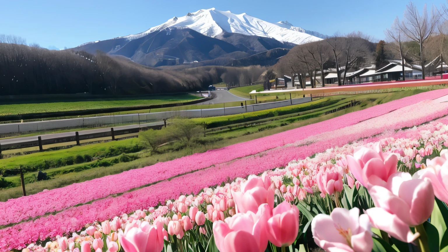 high quality view, pink cherry blossom in full bloom at the back, tulip field in the foreground,  snow mountain in the background