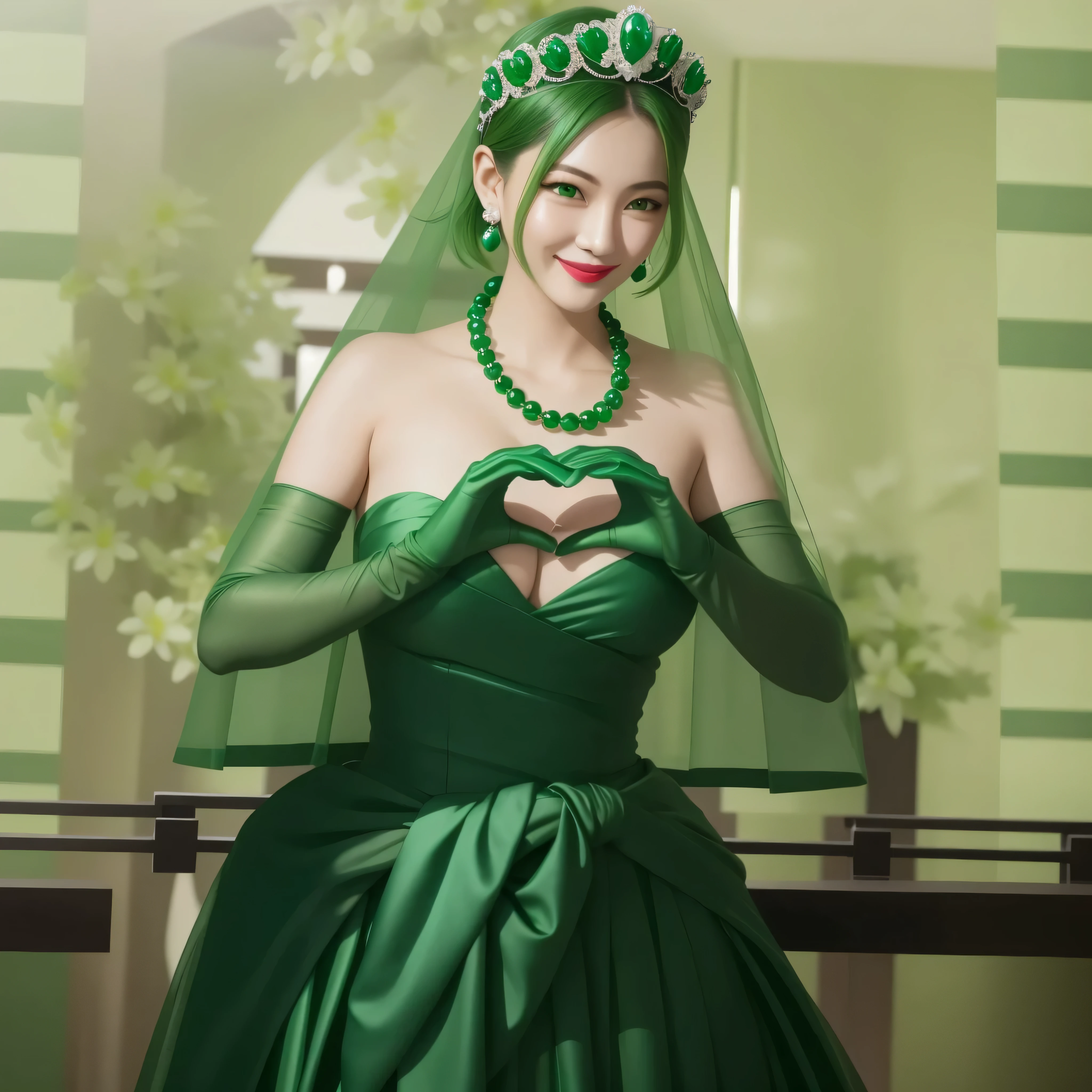 emerald tiara, green pearl necklace, boyish very short green hair, green lips, smiling Japanese woman, very short hair, Beautiful woman with big breasts, green eyes, Green satin gloves, green eyes, emerald earrings, green veil, Heart with both hands, green hair, beautiful japanese woman, heart shaped hands:1.3, green lip gloss