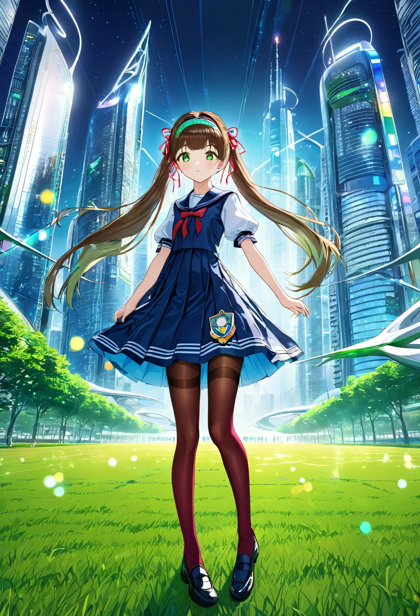 (best quality,4k,highres),ultra-detailed,realistic,portraits, Japaneese school girl, green eyes, long brown hair,anime style,futuristic, Frutiger Aero aesthetic, eco- modernism, bokeh, ribbon headband,small breast,futuristic sailor ****ta dress,puffy sleeves,white and blue,colorful lighting, red ribbon, navy blue pantyhose, school shoes, school bag, school crest, standing in a green field with futuristic skyscrapers in the background, tertiary colors, highly detailed, 4K.