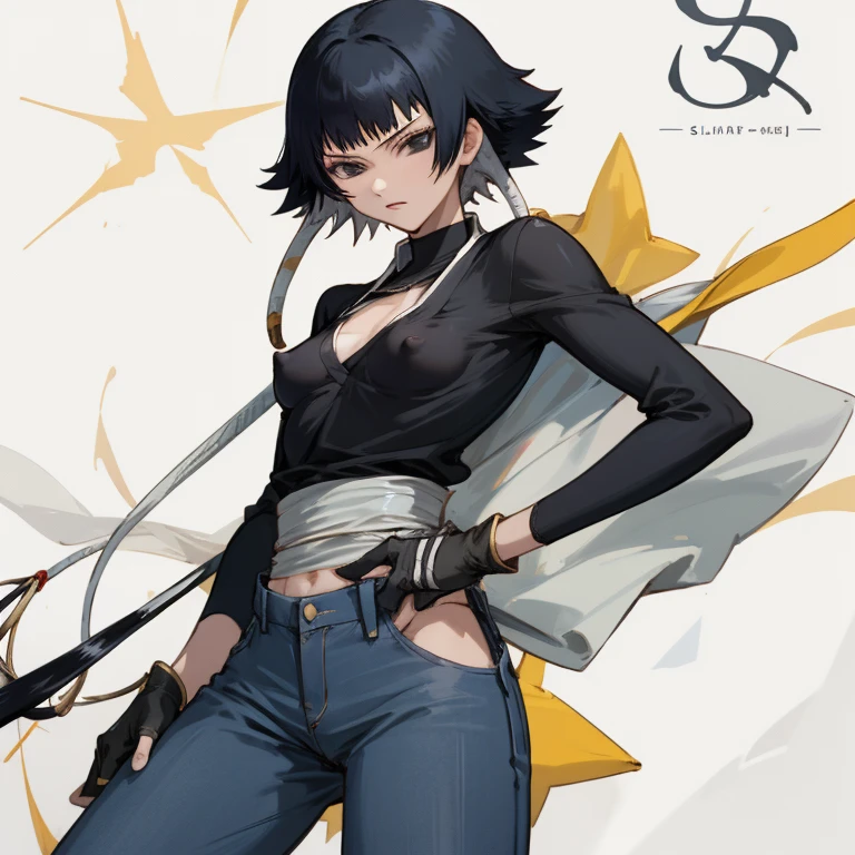((highest quality)), ((masterpiece)), (be familiar with), BLEACH,Soi Fon, 1 girl, alone, erect nipples, black hair,slanted eyes, Black clothes,black shirt,jeans, Slender,slender,short hair with long locks, short hair, small breasts, gloves, put your hand on your waist