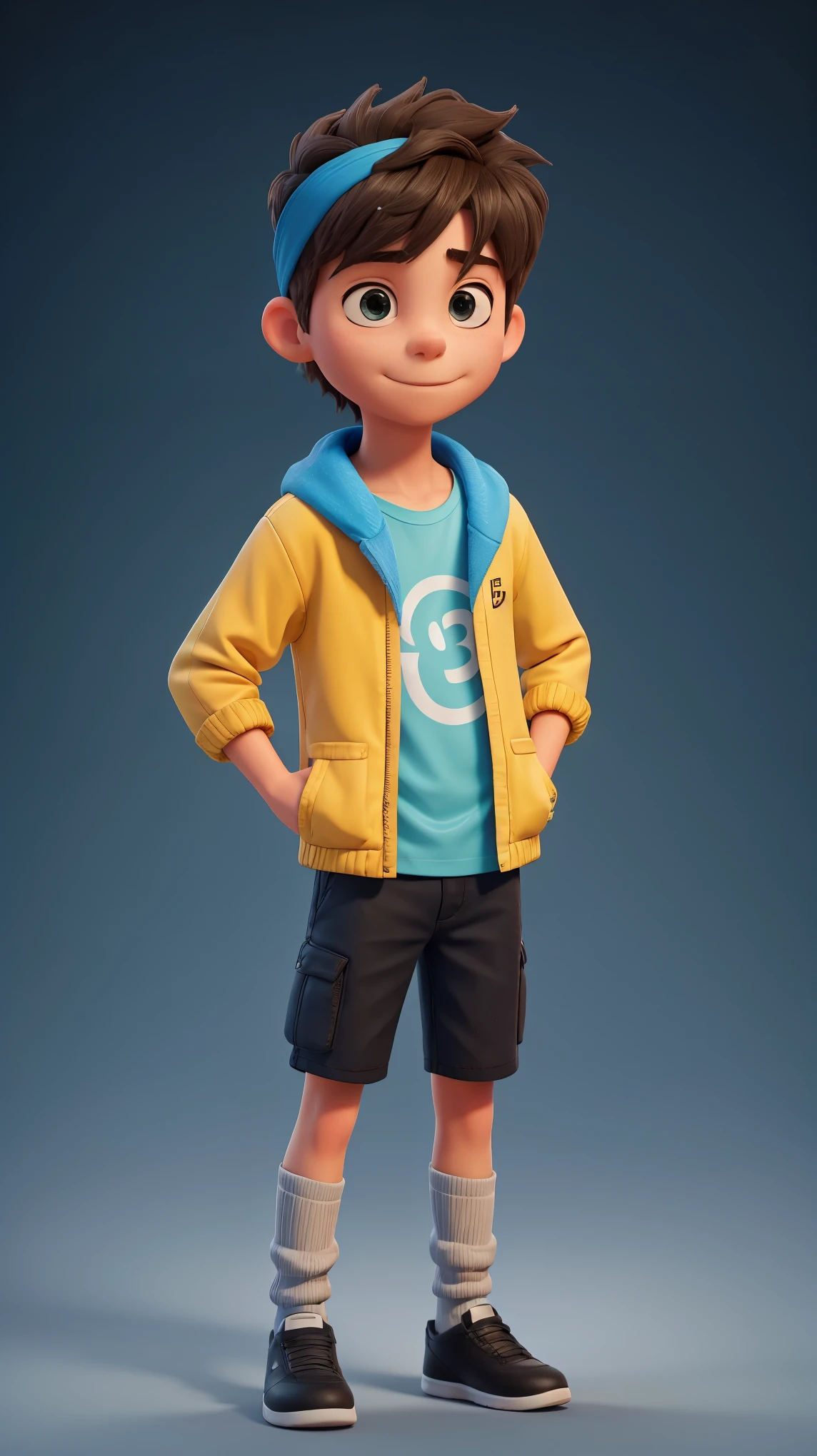 there is a boy with a blue headband on his forgead, wearing yellow jacket black t-shirt under white gradient background , portrait shot 8 k, shot on canon eos r5, shot on canon eos r 5, shot on nikon z9, taken with sony alpha 9, with accurate face, edited in photoshop, shot with sony alpha, taken with canon 5d mk4, captured on canon eos r 6