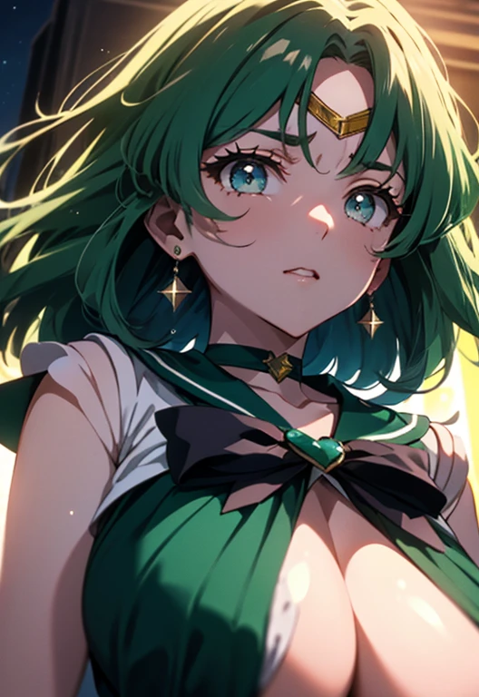 （masterpiece）、(highest quality)、((Super detailed))、(super delicate)、cowboy shot、1 girl、(place both hands crotch:1.2)（sailor neptune, mature woman, small breasts, aqua eyes, dark green hair, medium hair）、（sailor moon outfit）、big breasts、I&#39;m sweating、(from below:2), (face close-up:1.3),Hot spring at night、fantastic starry sky
