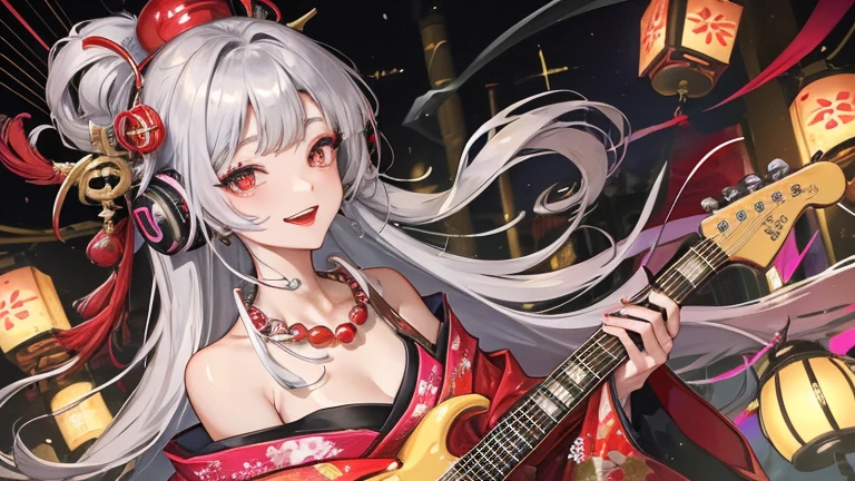 high quality,masterpiece,Dark-skinned Japanese woman in a colorful kimono,arm with tattoo,beautiful droopy eyes,Feathered robe like the Japanese goddess Benzaiten,Long hair, silver hair, slicked back,Listening to music through headphones,grin and laugh,Play a Japanese guitar-like string instrument,gold necklace,Happy smiling expression,gray hair,red lipstick,dark makeup,A very beautiful Japanese entertainment district,Lots of lanterns,Images for YouTube