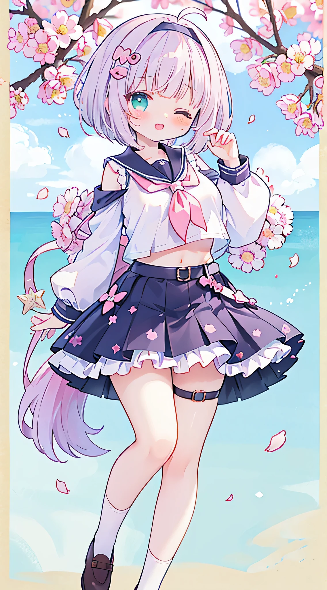 masterpiece,best quality,official art,extremely detailed CG unity 8k wallpaper, in spring, sun, in hawaii, original, huge_filesize, wallpaper, bishoujo, medium hair, light purple hair, gradient hair, bob cut, antenna hair, hair bow, lolita hairband, swept bangs, light blush, beautiful detailed eyes, aqua eyes, shy, nose blush , blush, one eye closed, :p, crying with eyes open, green eyes, small breasts, between breasts, breasts apart, hanging breasts, bouncing breasts, breasts out, Light purple school uniform,Light purple seifuku, lolita_fashion, bare_shoulders, crop top, detached_sleeves, pleated_skirt, Light purple and white striped sleeves，White lace purple printed white short princess socks，frilled socks, leg belt, uwabaki, on_stomach, legs_up, eye_contact, head tilt, humiliation,