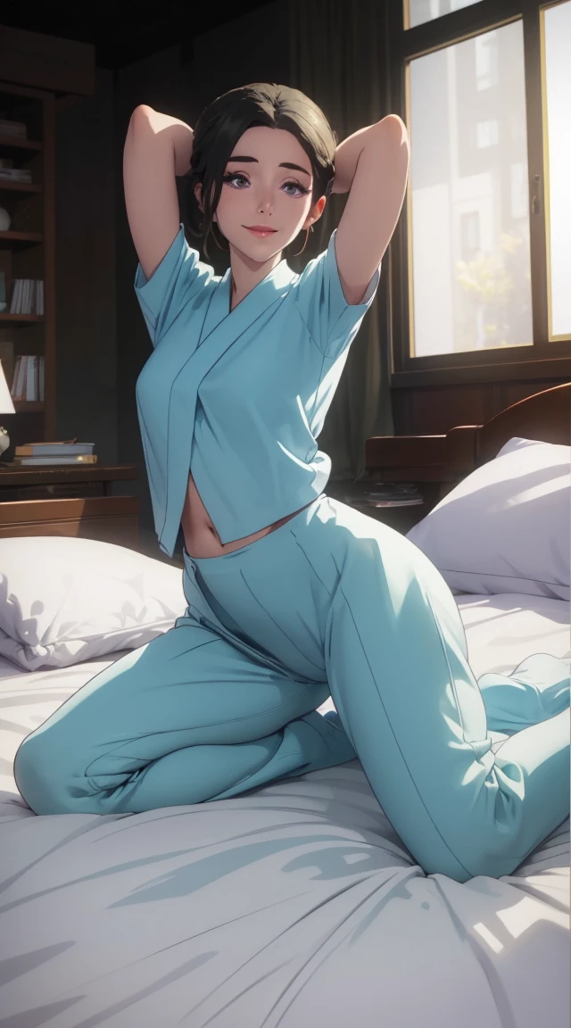 （（（There are scars on the face，Blonde hair, a purple eye, folded ponytail, hair adornments,black kimono,Big crotch，S-shaped body:1.7））），((tmasterpiece)),A high resolution, ((Best quality))，tmasterpiece，top-quality，Best quality at best，（（（ exquisite facial features，looking at viewert,There is light in the eyes，Smilingly，self-assured ））），（（（Light and shadow interlace））），（（（dynamicposes, 1 girl, (complete figure:0.9), Alone,, sexy women,Body contours，Raised sexy，Realistic silhouette of human body， ((good body)),Girl posing for photo，Full body lesbian，24 years old female model，perfect foot、have perfect arms，Lie down in bed，clean sheets，Put your hands behind your hair)）））armpit, spread leg, pussy, nsfv, uncensored