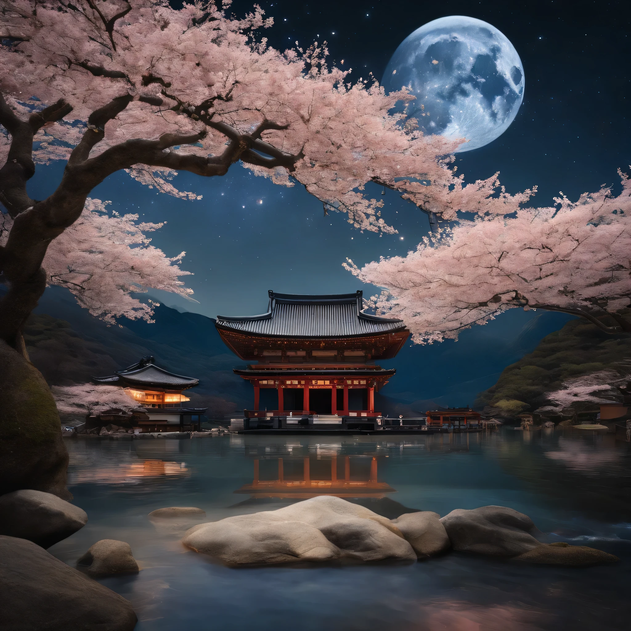 Master Parts、Superior Quality、superior image quality、The 8k quality、、Beautiful pictures of the starry sky、magnifica、Arched Milky Way、Behind the Yōmeimon lies a shrine floating in the sea、cherry blossom tree in full bloom、Two foxes stand side by side, one on the left and one on the right