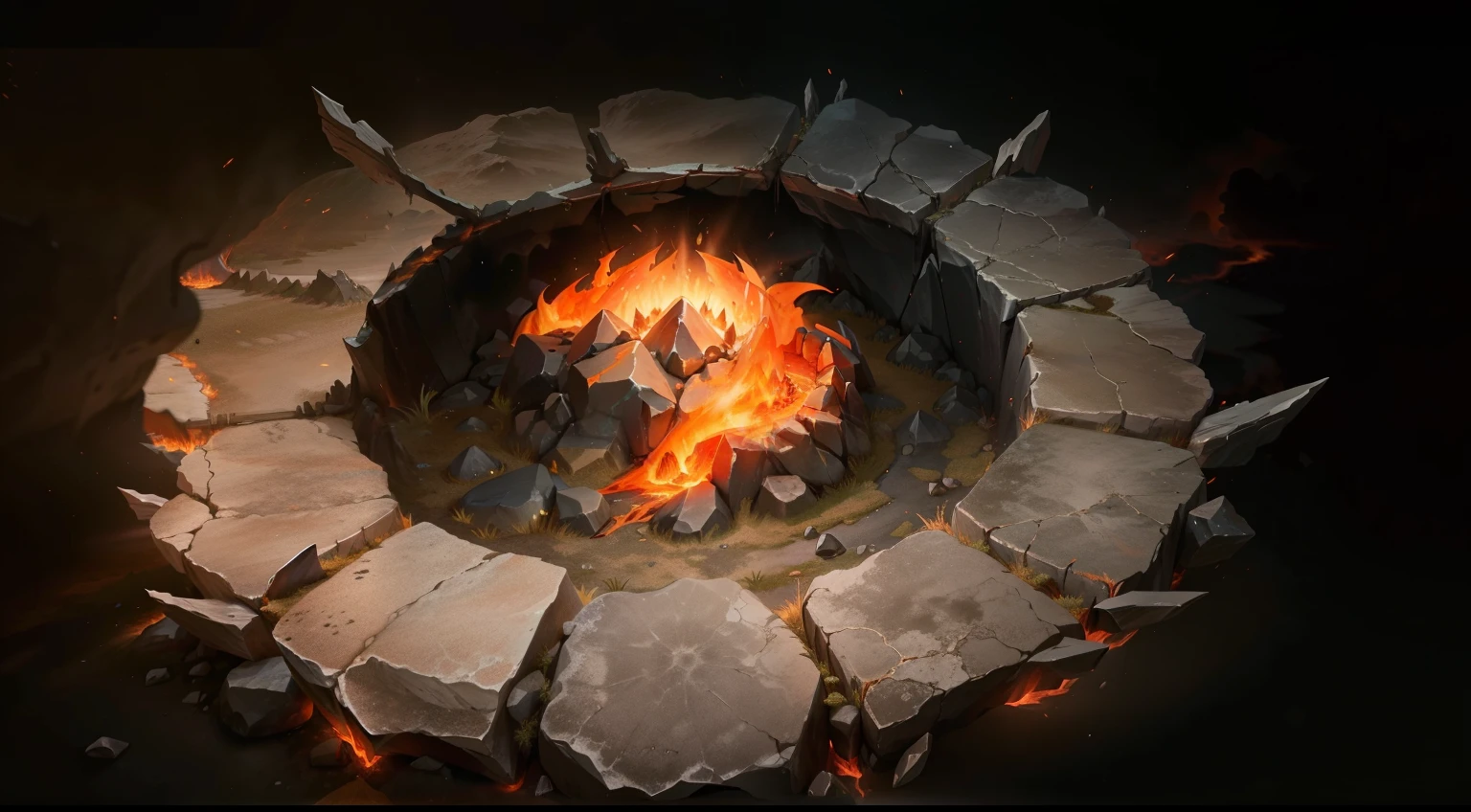 ground，The formation of stones，Fire burning inside，Flowing magma， Portal to the Lost Flame Realm, flame stones are scattered, ground阵法背景, fire element, Research the Hell Rift Portal, Dota 2 concept art, artifact dota2, fire power flames spinning, fire dragon,Holy Fire Spell Art, Dark concept art，Rich details，HD，4k