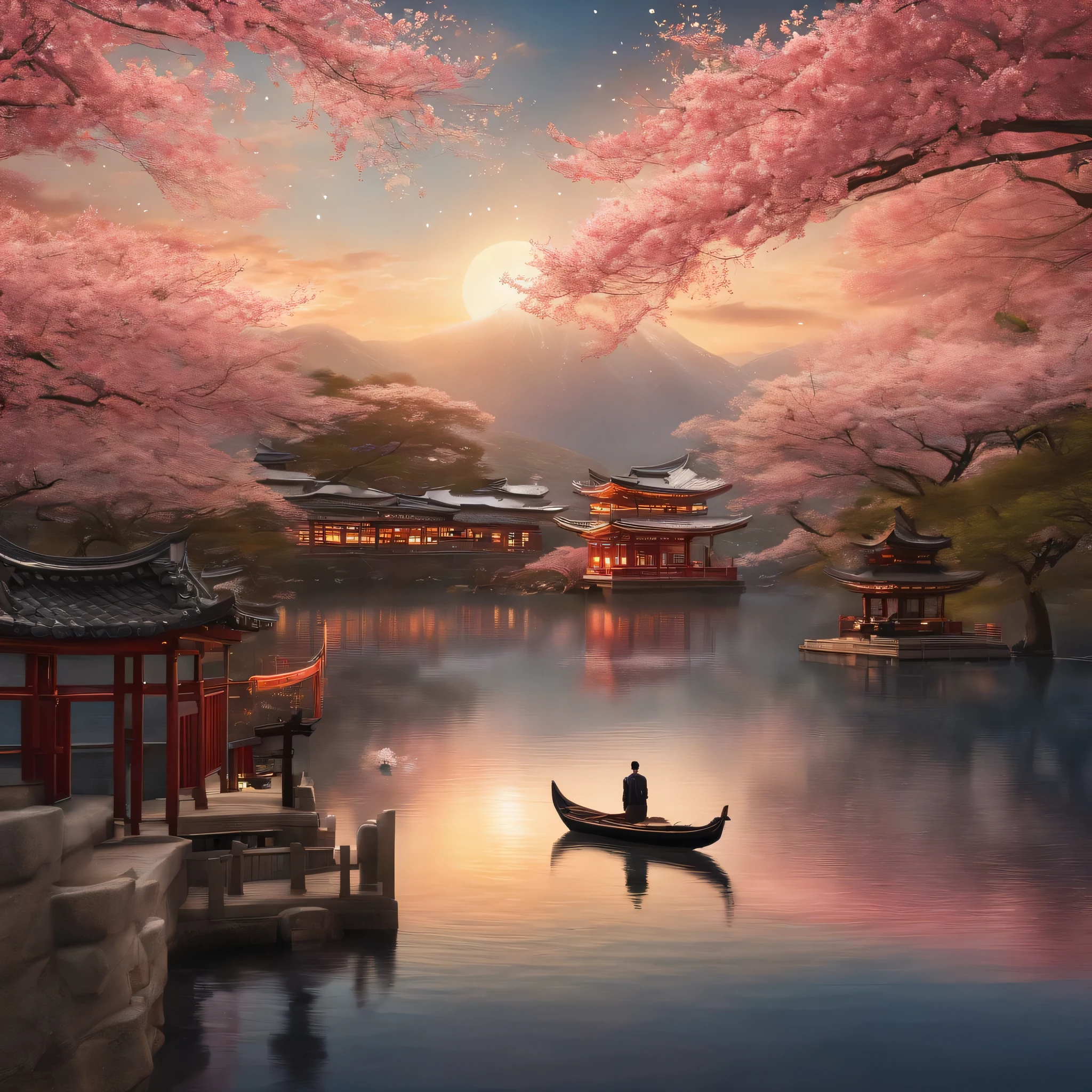 Master Parts、Superior Quality、superior image quality、The 8k quality、、Beautiful pictures of the starry sky、magnifica、Arched Milky Way、Behind the Yōmeimon lies a shrine floating in the sea、cherry blossom tree in full bloom、Two foxes stand side by side, one on the left and one on the right