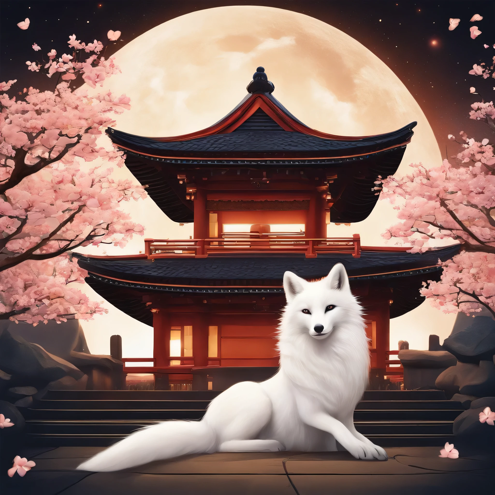 Master Parts、Superior Quality、superior image quality、The 8k quality、、Beautiful pictures of the starry sky、magnifica、Arched Milky Way、Behind the Yōmeimon lies a shrine floating in the sea、Two small white foxes stand side by side, one on the left and one on the rightcherry blossom tree in full bloom、Realistic illustration of a White fox、The white foxes are made smaller.
