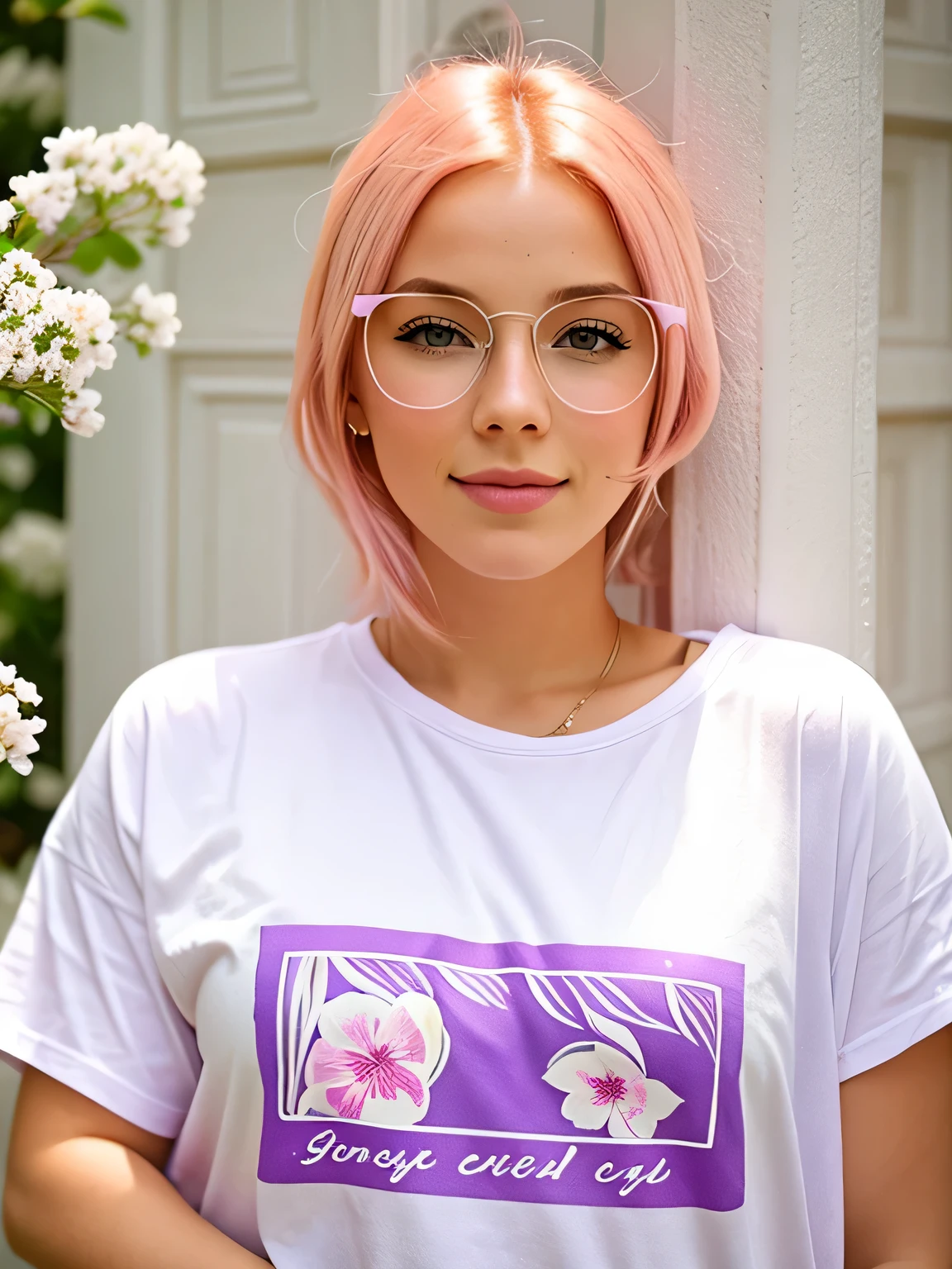 girl, blonde with pink hair, in a purple T-shirt, against a background of white flowers. As realistic as possible