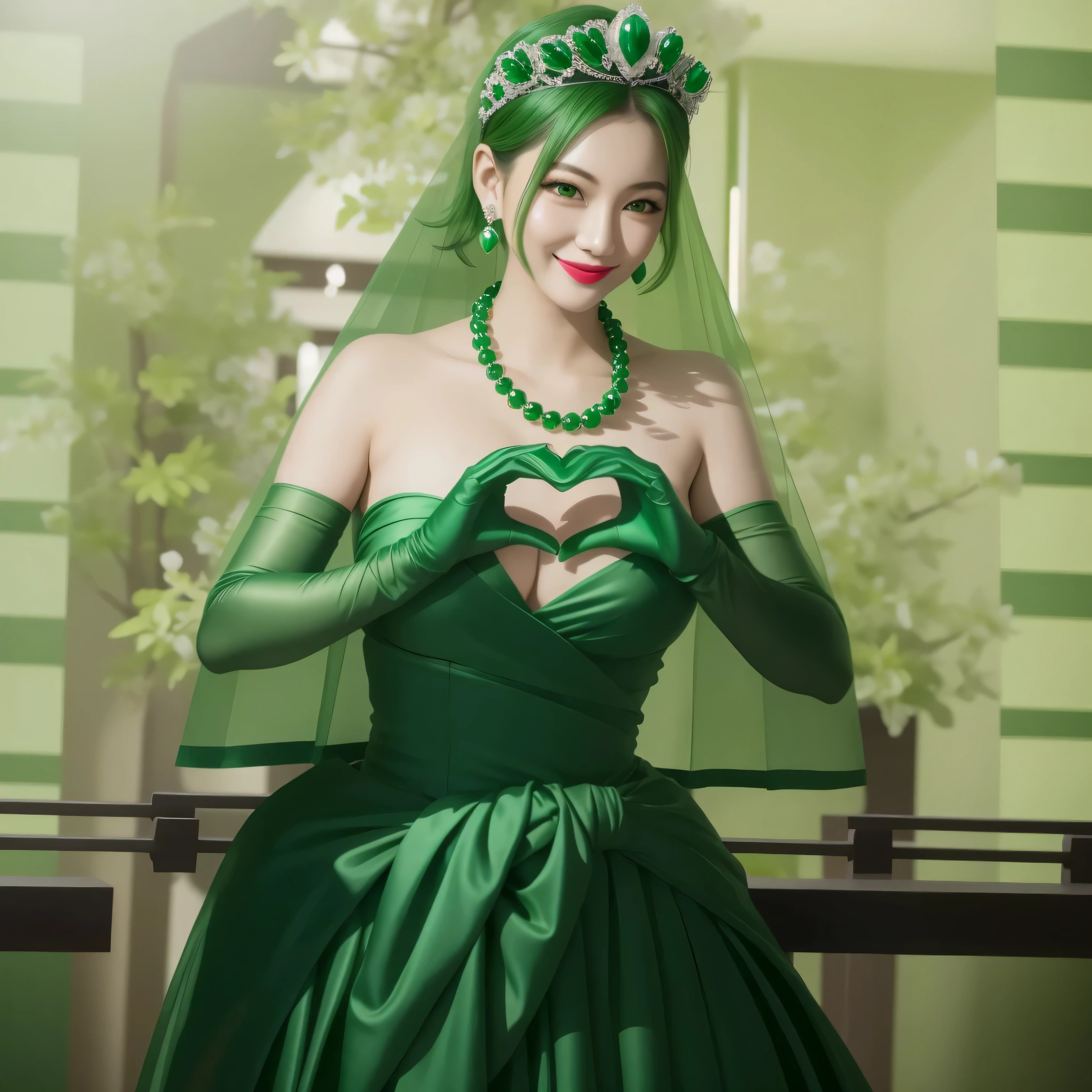 emerald tiara, green pearl necklace, boyish very short green hair, green lips, smiling Japanese woman, very short hair, Beautiful woman with big breasts, green eyes, Green satin gloves, green eyes, emerald earrings, green veil, Heart with both hands, green hair, beautiful japanese woman, heart shaped hands:1.3, green lip gloss