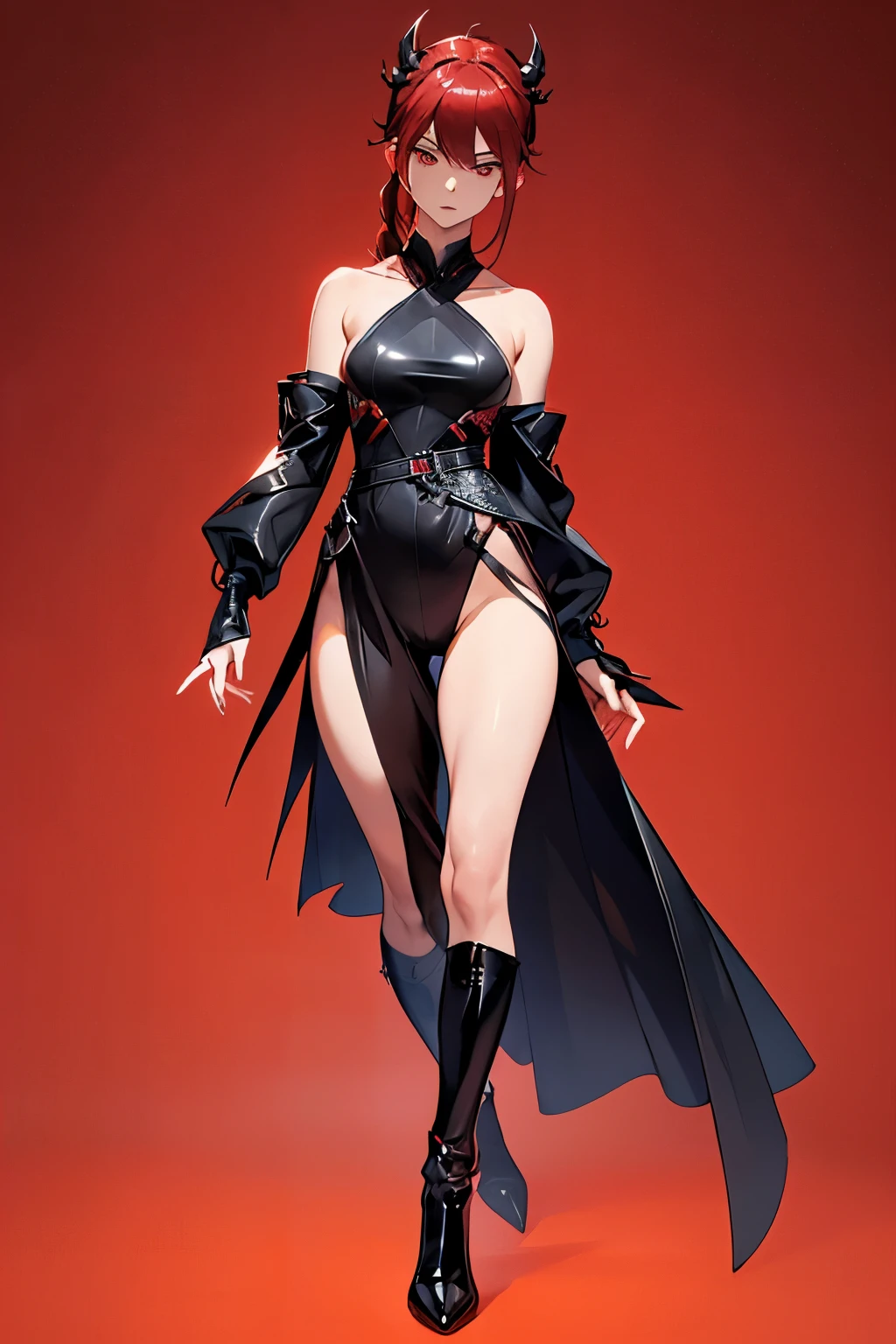 a dominatrix, in black closed jumpsuit complete from feet to neck, black overcoat with red interior ((perfect pose, perfect anatomy, perfect body)), ((((better hands, perfect fingers, perfect legs, perfect feet, perfect hands)))), very detailed scene, very detailed background, ((((perfect composition , perfect design, perfect layout, correct imperfections, correct errors)))), longhair, ponytail, narrow waist, thighs, highly detailed, art in the style of Makato Shinka detailed face, Add more detail, More Detail, enhance 