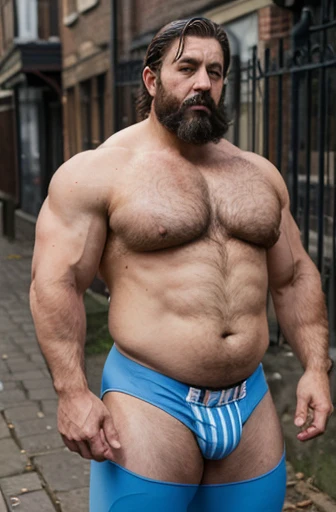 A late 19th century John Sullivan style wrestler standing sweaty old man with black hair parted in the middle with very large handlebar mustaches extremely muscular and extremely fat over 70 years old weighing over 600 pounds with extremely large and very muscular breasts sagging and very hairy with gynecomastia and very large dark pointed nipples with relaxed muscles bodybuilder in a Victorian London alley wearing white and blue horizontal striped leggings