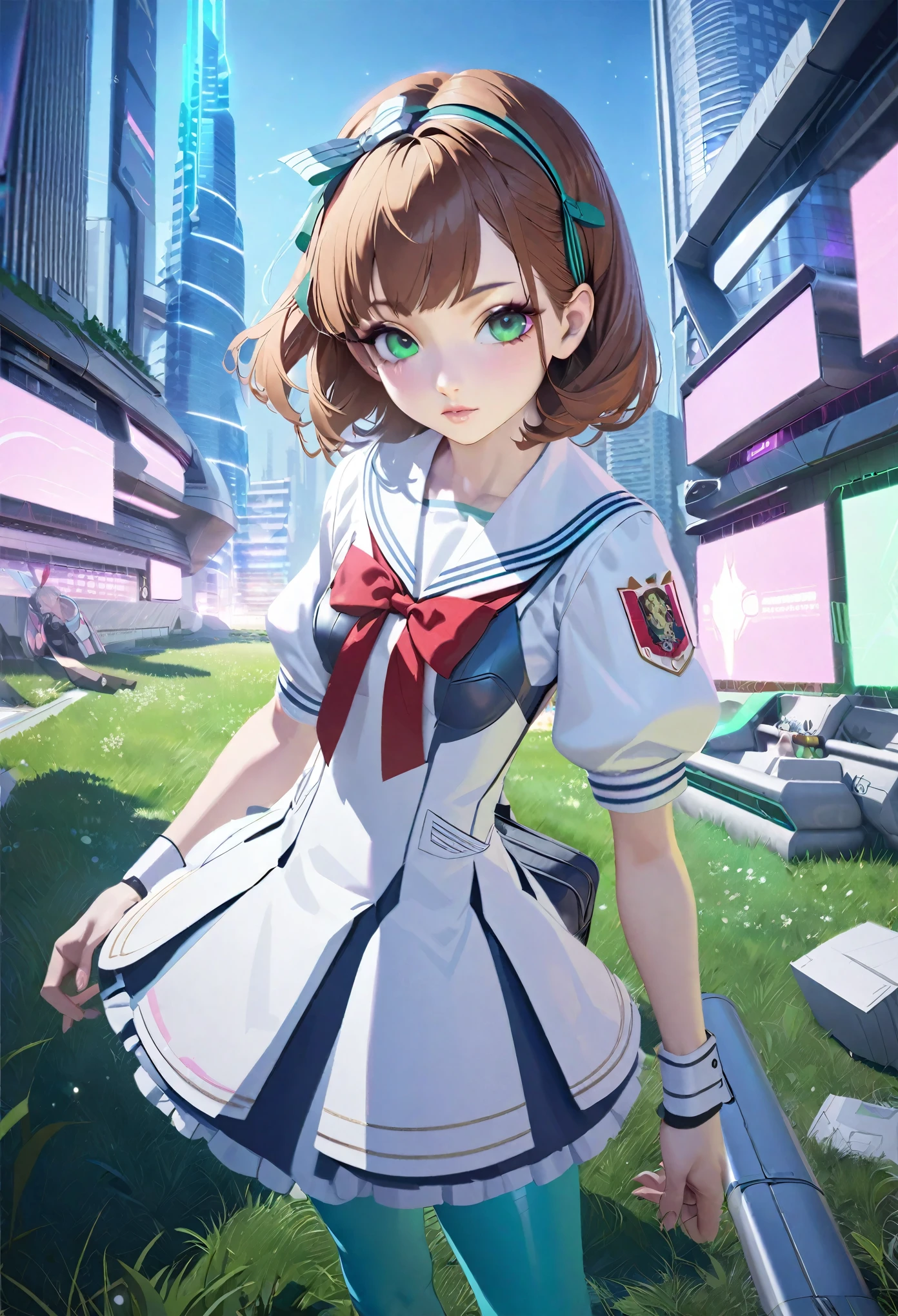 (best quality,4k,highres),ultra-detailed,realistic,portraits, Japaneese school girl, green eyes, long brown hair,anime style,futuristic, Frutiger Aero aesthetic, eco- modernism, bokeh, ribbon headband,small breast,futuristic sailor ****ta dress,puffy sleeves,white and blue,colorful lighting, red ribbon, navy blue pantyhose, school shoes, school bag, school crest, standing in a green field with futuristic skyscrapers in the background, tertiary colors, highly detailed, 4K.