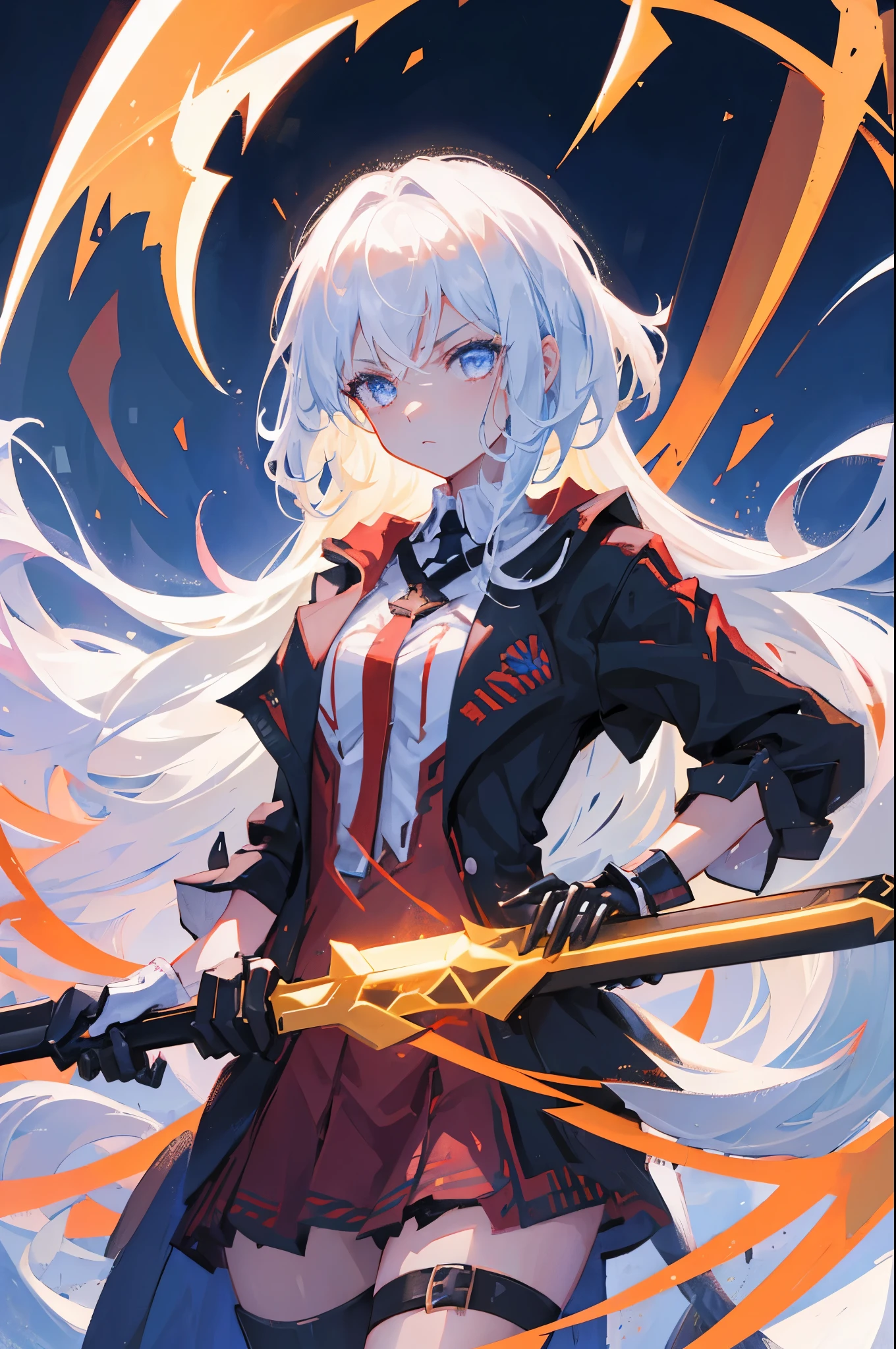 A girl holding a glowing scythe up to the air, serious face, smooth pale skin, well tanned body, bloody background with dead peoples