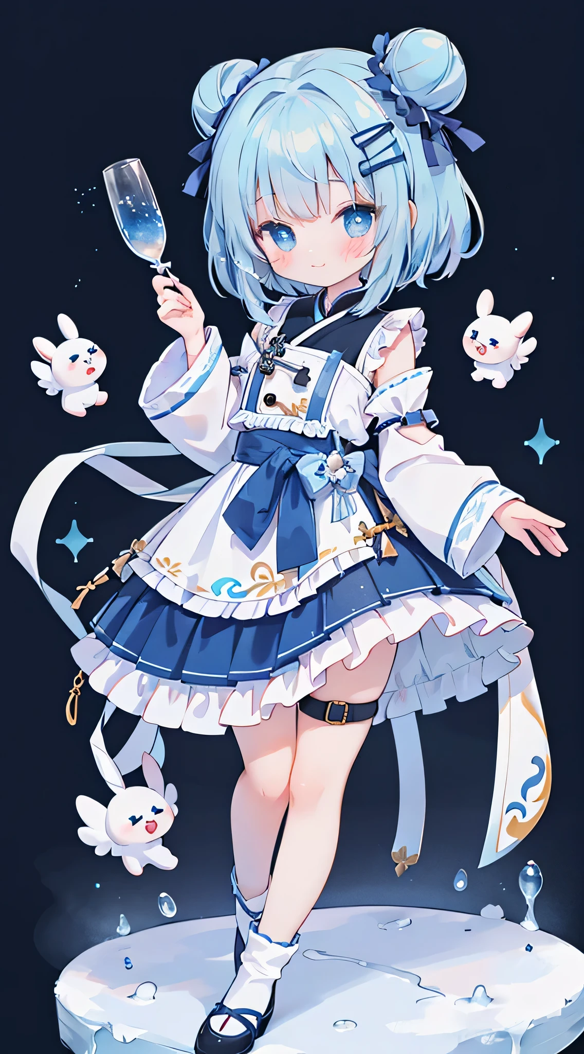 Blue-gray hair,double_bun, Zhongfa,squinting eyes,kawaii,beautiful girl,Blue grey shirt,Gray black leg strap,do the splits