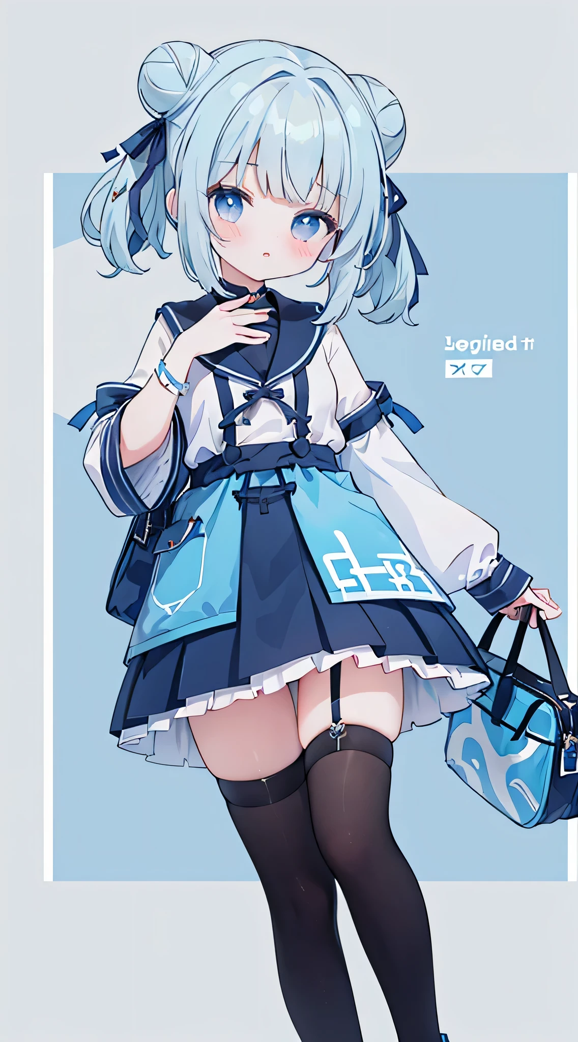 Blue-gray hair，double_bun, Zhongfa，squinting eyes，kawaii，beautiful girl，Blue grey shirt，Gray black leg strap，do the splits