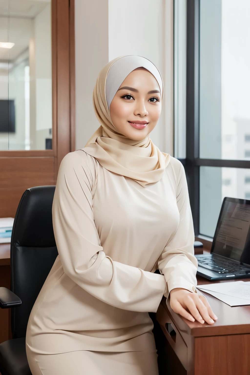 A Malay woman, clad in a hijab, exudes an aura of charm and sophistication as she confidently poses for a picture in her office. Her hijab, adorned with intricate designs and vibrant colors, complements her elegant business attire. Her smile is warm and inviting, adding a welcoming and friendly vibe to her presence. The background is simple and neutral, allowing all focus to be on her stunning appearance. The image is rendered in breathtakingly high resolution, with every detail meticulously captured to bring out the beauty and allure of this magnificent Malay woman. (The Malay Hijabi Office Lady, Best Quality, Ultra-detailed, High Res